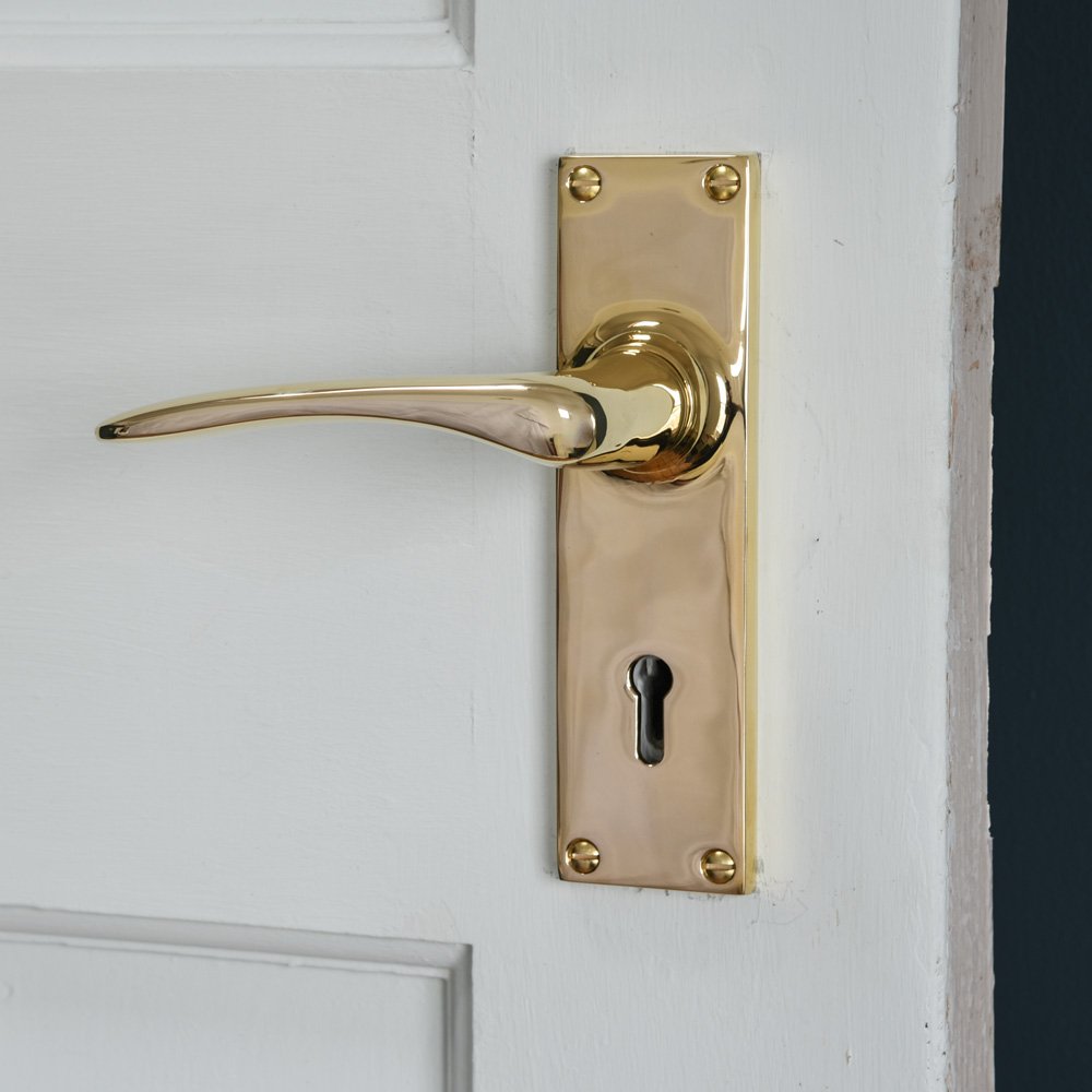 Polished Brass Oak Lever Lock Door Handles - Vintage Style Interior & Exterior Door Hardware for Home, Office & Cabin