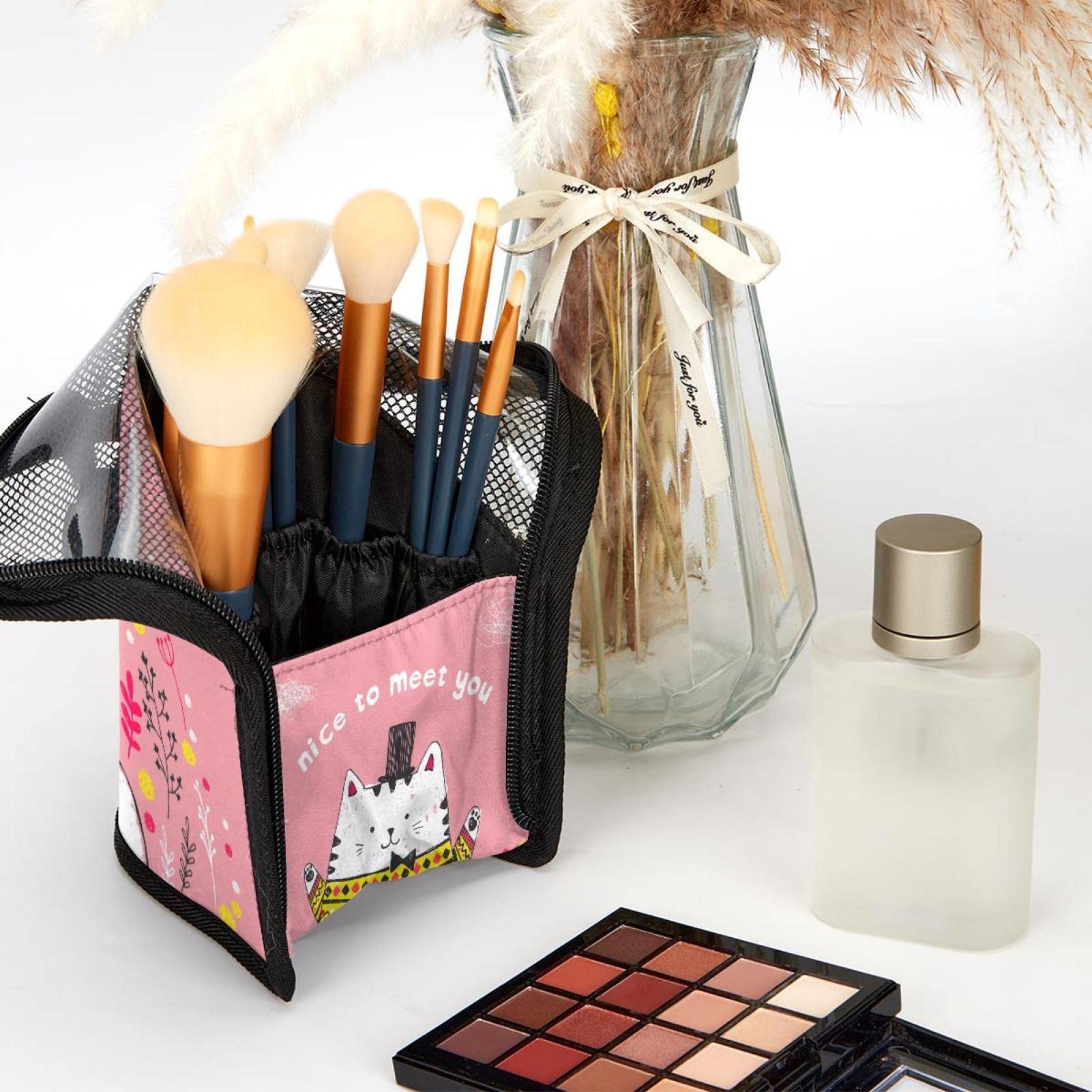 Premium 12-Piece Makeup Brush Organizer Bag - Portable Cat Design Cosmetic Brush Holder Case for Travel & Home Storage | Perfect for Makeup Artists & Beauty Enthusiasts
