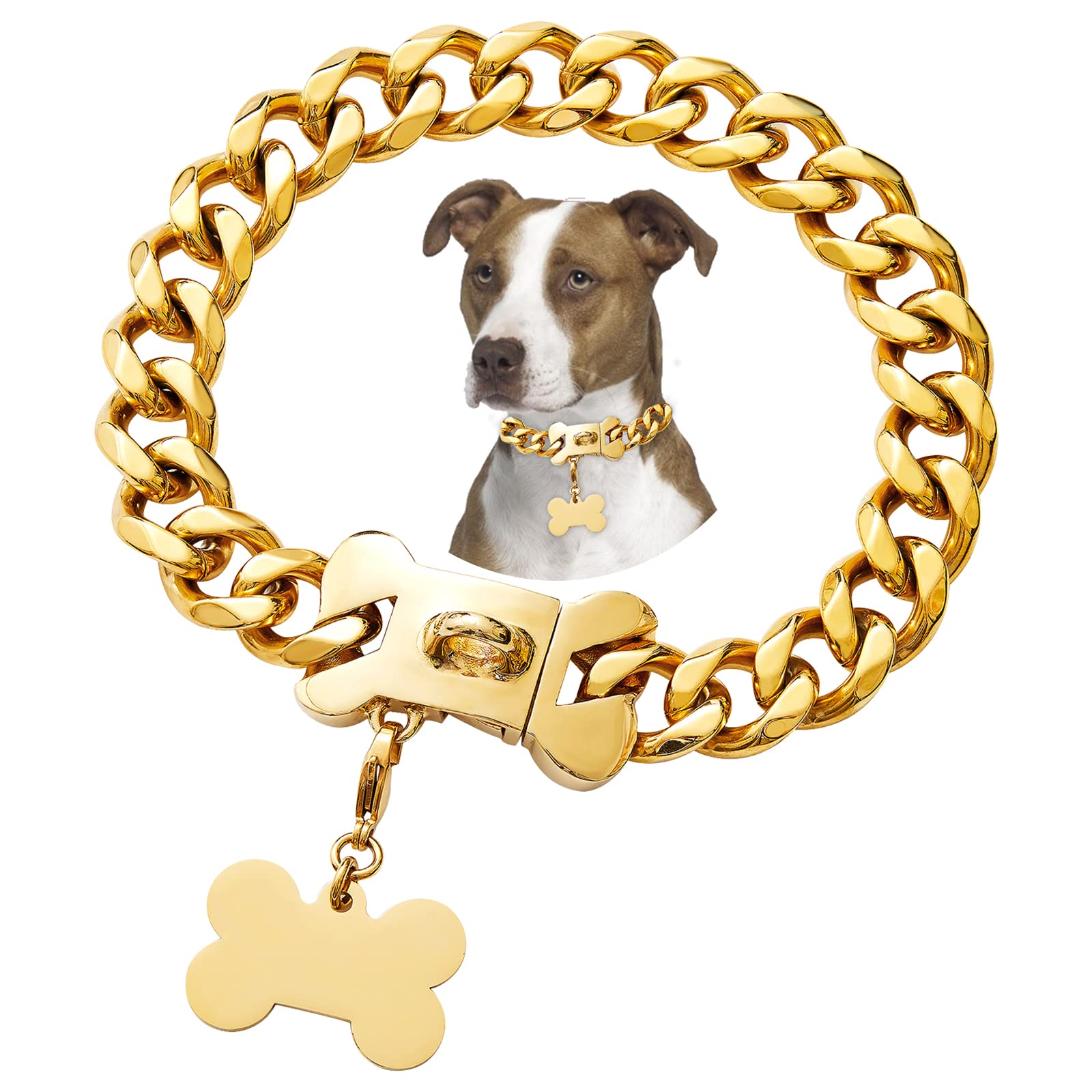 Premium Gold Stainless Steel Heavy Duty Cuban Link Dog Collar - Adjustable 10-26 Inch for Bully Breeds - Durable Metal Buckle for Training & Outdoor Adventures
