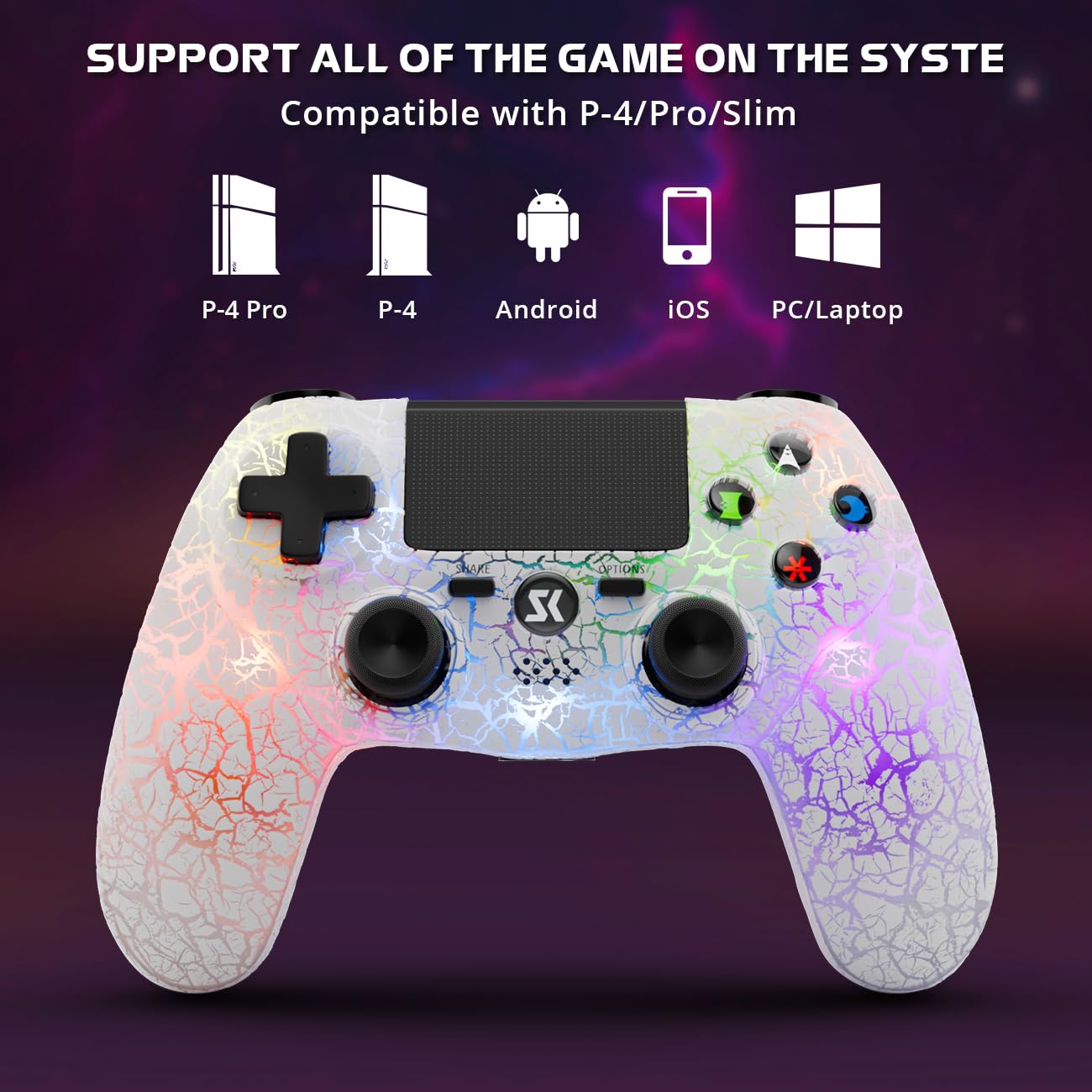 Wireless PS4 Controller with LED Backlit, 1000mAh Rechargeable Battery, Dual Shock & 6-Axis Motion Sensor, Built-in Speaker & 3.5mm Jack - Adjustable RGB Lighting (White) - Perfect for Gaming, Streaming & Late-Night Play Sessions