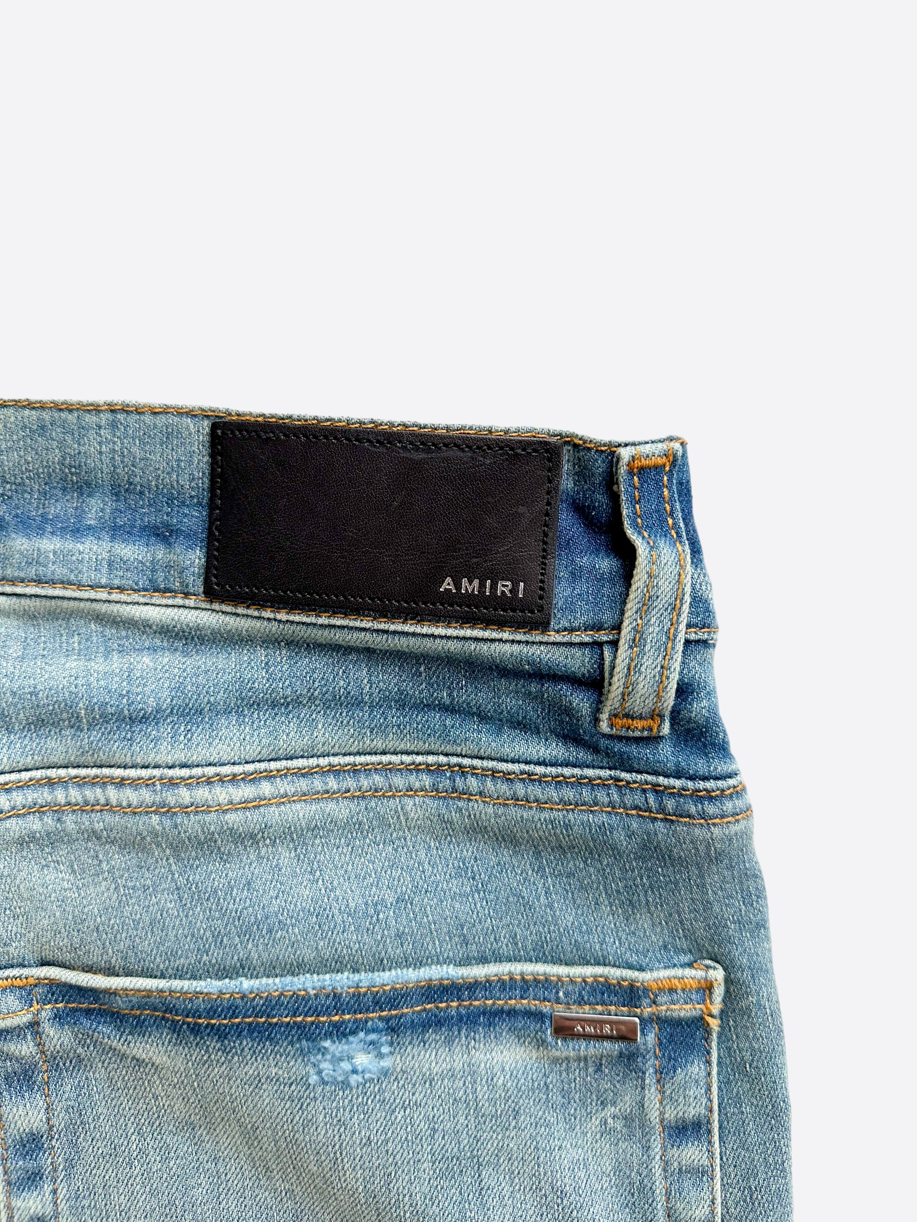 Amiri Blue Bandana Patch MX1 Distressed Denim Jeans for Men - Vintage Style Ripped Skinny Jeans | Perfect for Streetwear, Casual Outfits & Night Out Looks