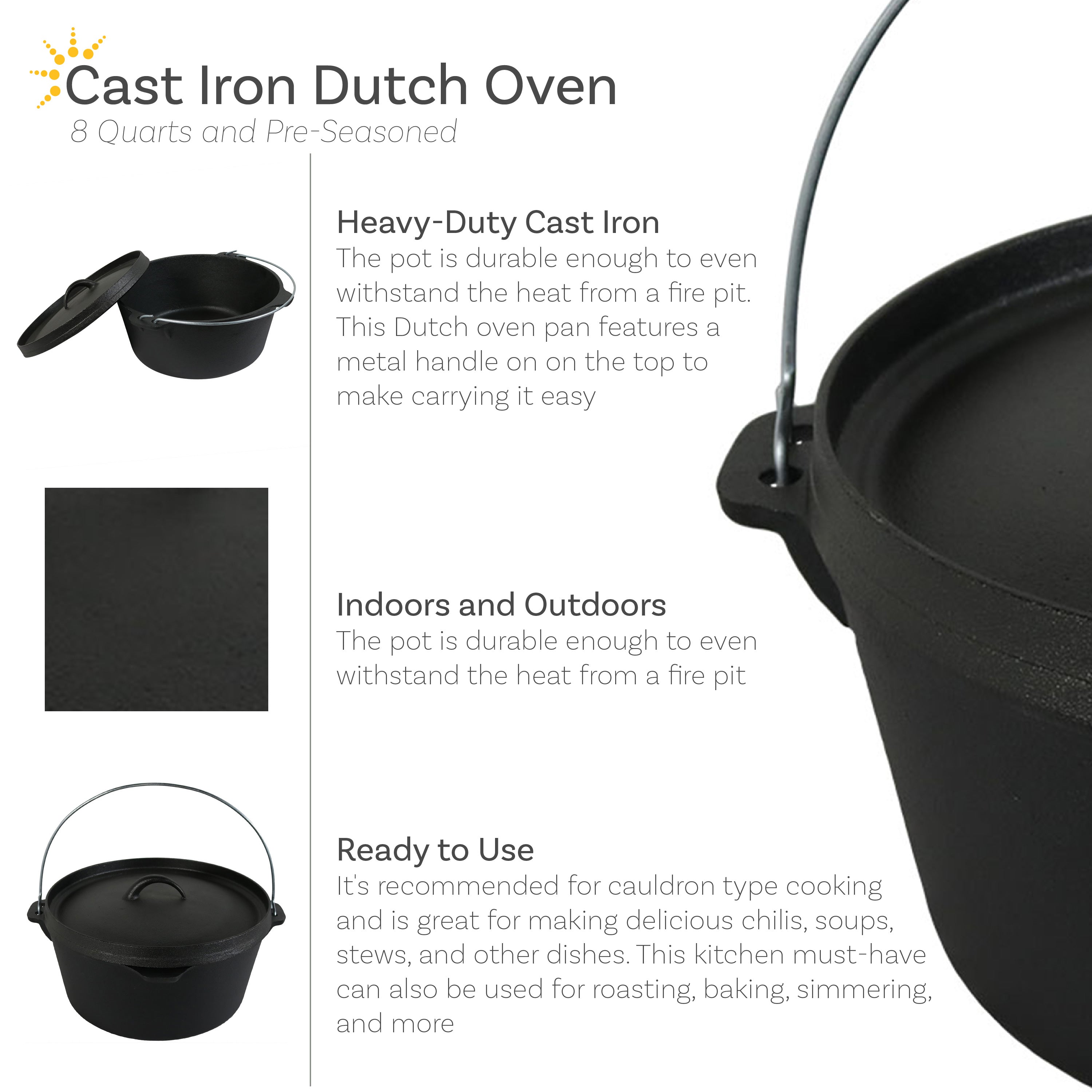 Pre-Seasoned Cast Iron Dutch Oven 12.25 Inch 8 Quart - Heavy Duty Camping & Outdoor Cooking Pot for Stews, Soups, Bread Baking & More