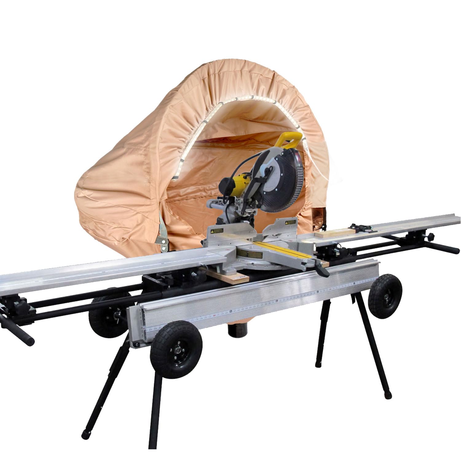 **Miter Saw Dust Collection Hood with LED Light - Universal Dust Solution for Miter Saw Tables - Dust Hood Attachment with Accessory Holes & Storage Bag - Perfect for Woodworking, DIY Projects & Home Renovations (Khaki)**