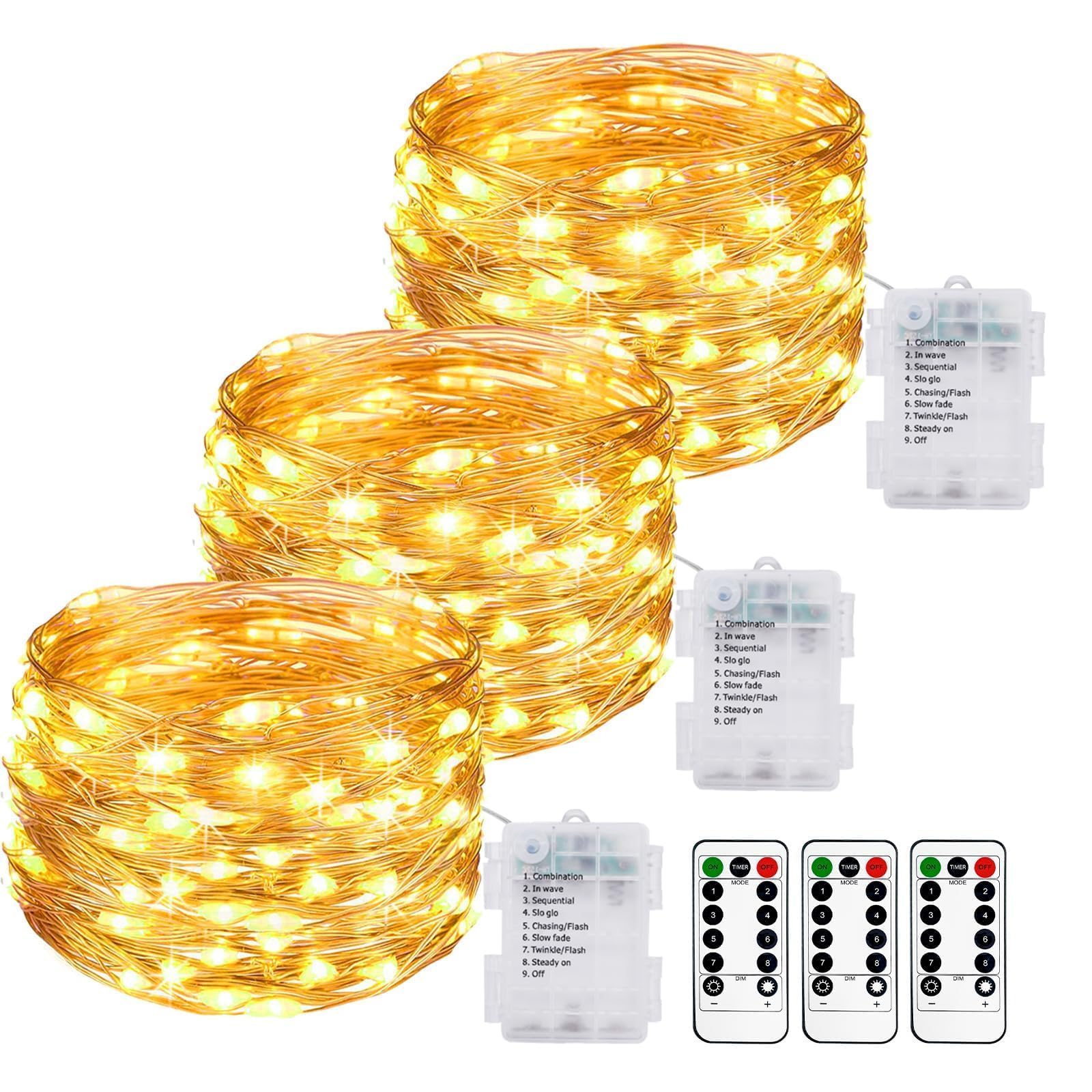 3 Pack Fairy Lights Battery Operated with Remote - 10M/33FT 100LED String Lights, IP65 Waterproof for Indoor & Outdoor Use - 8 Modes Copper Wire Twinkle Lights for Bedroom, Gazebo, Christmas, Wedding, Garden, Party Decorations