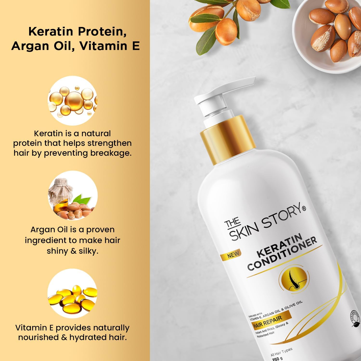 Keratin Smooth Hair Conditioner for Split Ends & Damage Repair - Long Lasting Shine for Dry, Frizzy Hair - Sulfate & Paraben Free with Vitamin E, Argan Oil & Olive Oil - 250g - Perfect for Daily Hair Care & Salon-Quality Results at Home