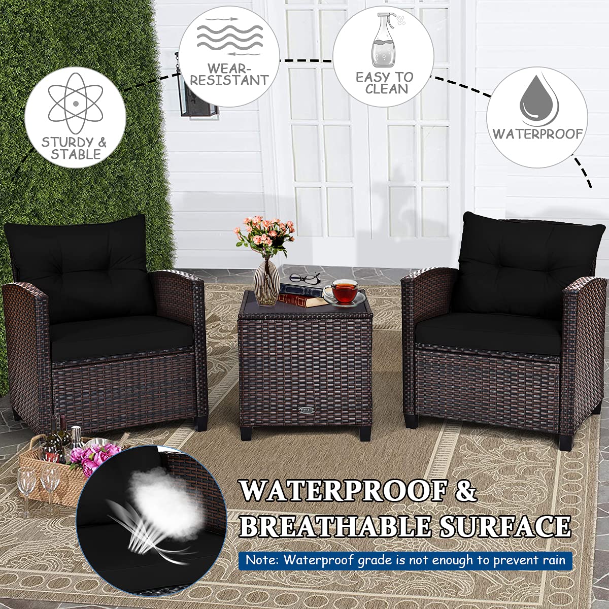 Tangkula 3-Piece PE Rattan Patio Furniture Set with Washable Cushions & Tempered Glass Table - Outdoor Wicker Sofa Set for Garden, Poolside, Balcony or Backyard (Black) | Perfect for Relaxing, Entertaining Guests & Enjoying Outdoor Living