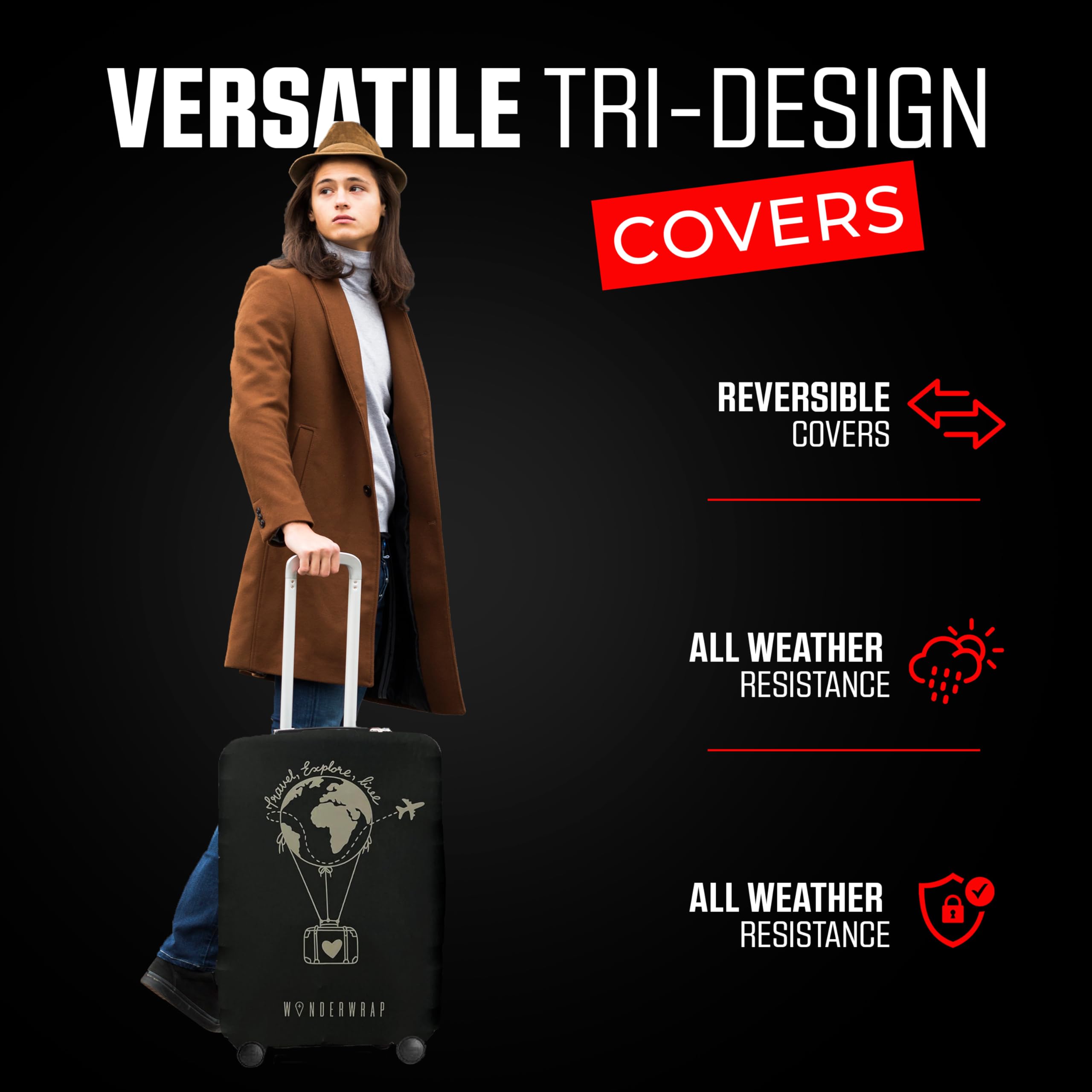 Reversible Luggage Cover Protector - Washable Anti-Scratch Suitcase Protector for Travel (Black Hot Air Balloon, Large 65-71 x 43-48 x 26-30cm) | Perfect for Airplane, Train & Vacation Trips