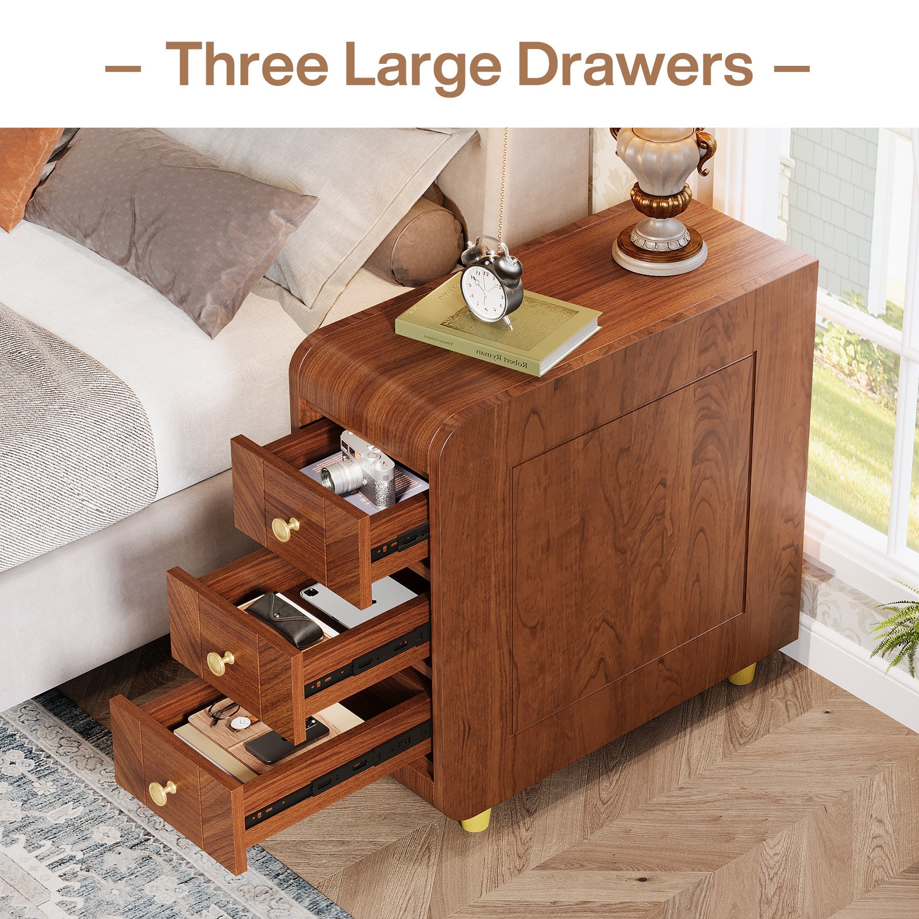 3 Drawer End Table - Small Classic Sofa Side Table & Bedside Nightstand with Storage | Perfect for Living Room, Bedroom & Office Use