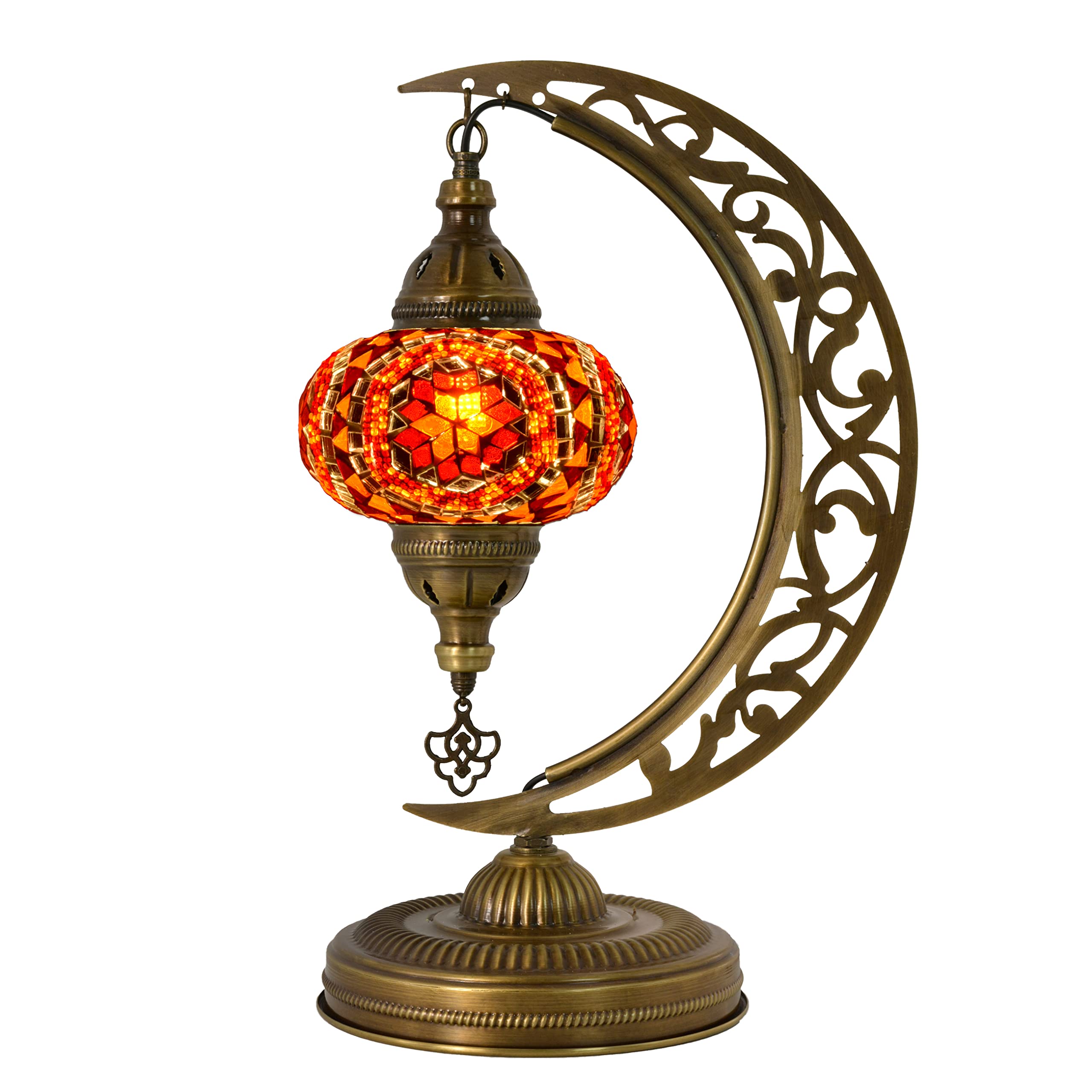 Handmade Turkish Mosaic Crescent Moon Table Lamp - Moroccan Boho Farmhouse Decor with E12 Socket & US Plug (Orange & Red) | Perfect for Bedroom Nightstand, Living Room Accent Lighting & Cozy Home Decor