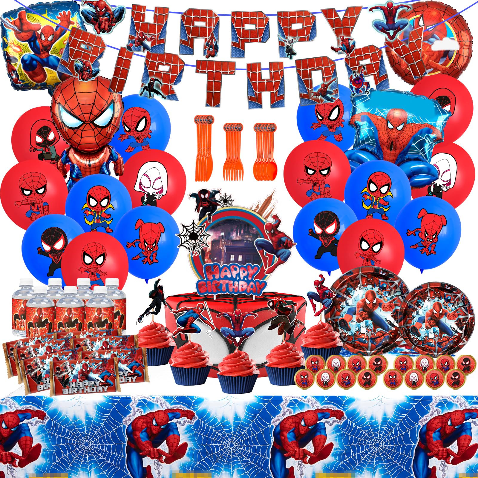 210pcs Spider-Themed Birthday Party Decorations Set - Includes Happy Birthday Banner, Tableware, Table Cover, Cake Toppers, Balloons & Bottle Labels - Perfect for Halloween, Kids Birthday & Themed Parties