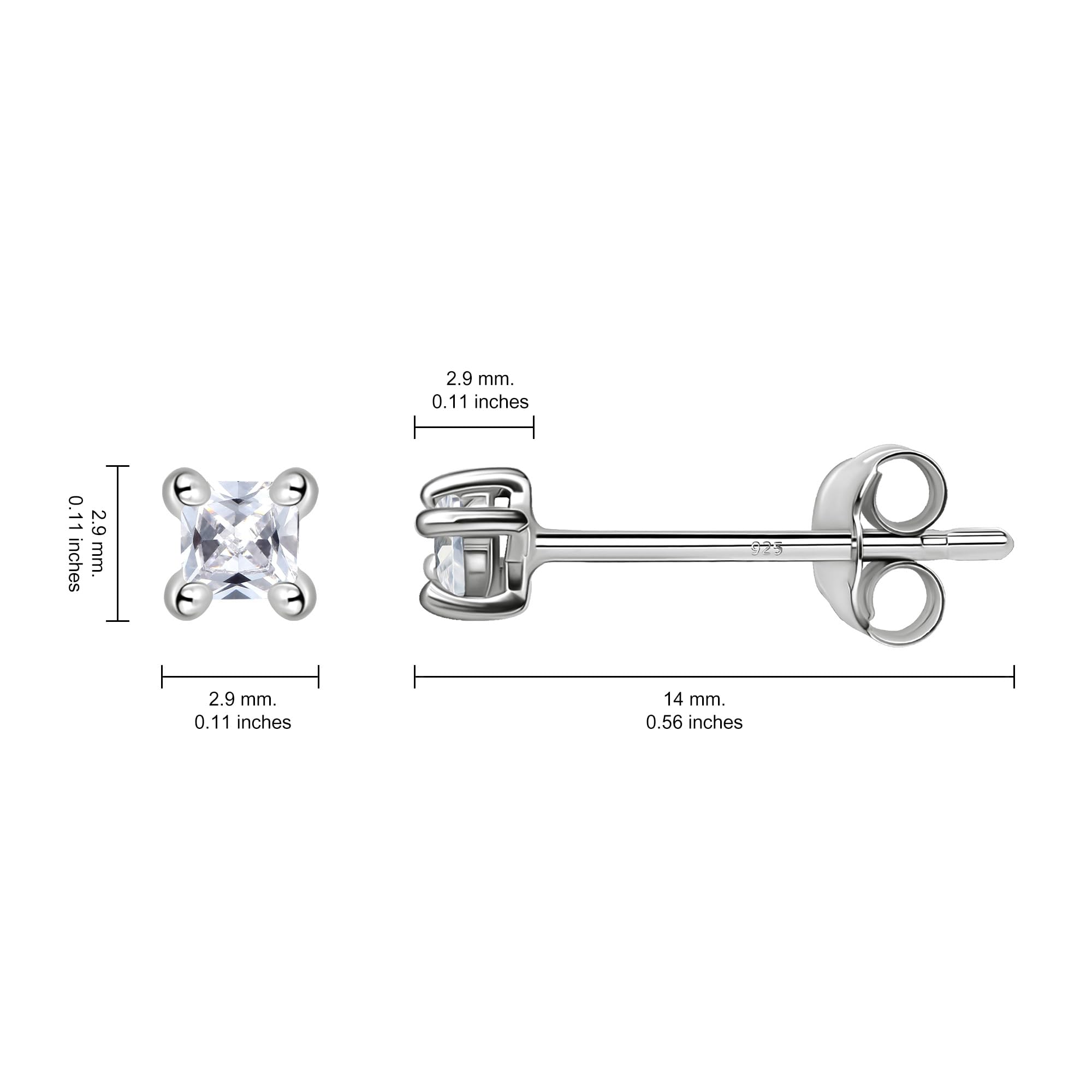 Sterling Silver 2mm Princess Cut Cubic Zirconia Cartilage Stud Earrings Set for Women & Men - Perfect for Helix, Tragus, and Conch Piercings