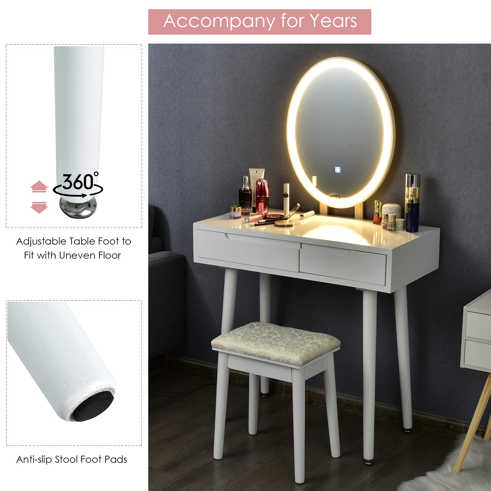 Charmaid Vanity Set with LED Lighted Mirror - 3 Adjustable Brightness Modes, Makeup Dressing Table with Cushioned Stool & 2 Sliding Drawers - Modern Bedroom Vanity for Women & Girls (White) - Perfect for Makeup Application, Skincare Routine & Home Decor