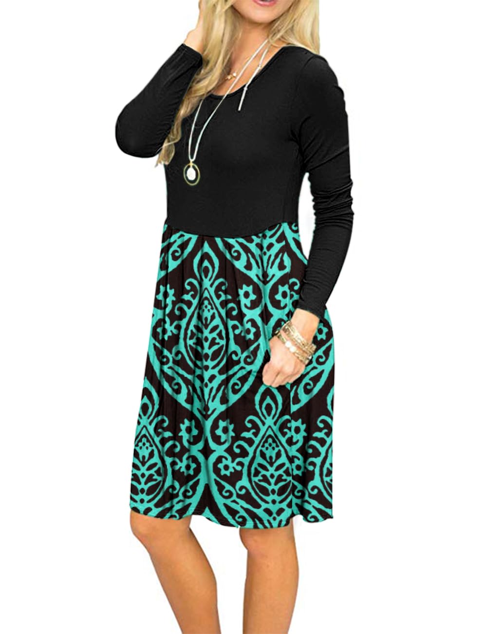 AUSELILY Women's Long Sleeve Pleated Swing Dress - Loose Casual Knee Length Dress with Pockets | 2025 New Collection | Perfect for Work, Date Night & Fall Outfits