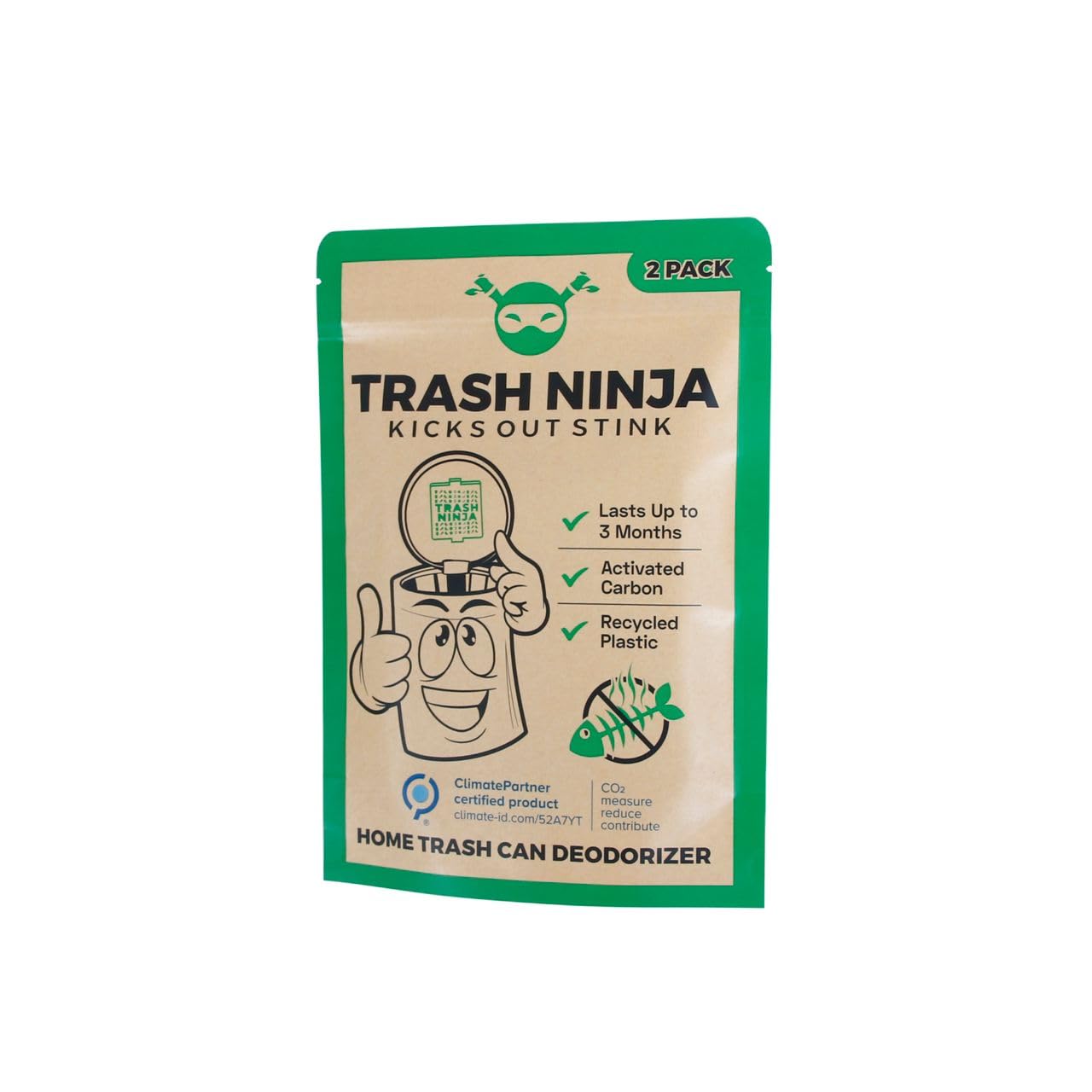 Trash Ninja Activated Carbon Odor Eliminator (2 Pack) – Natural Garbage Can Deodorizer for 10 Gallon Indoor Trash Bins – Lasts 3 Months – Eliminates Kitchen, Bathroom & Pet Waste Odors