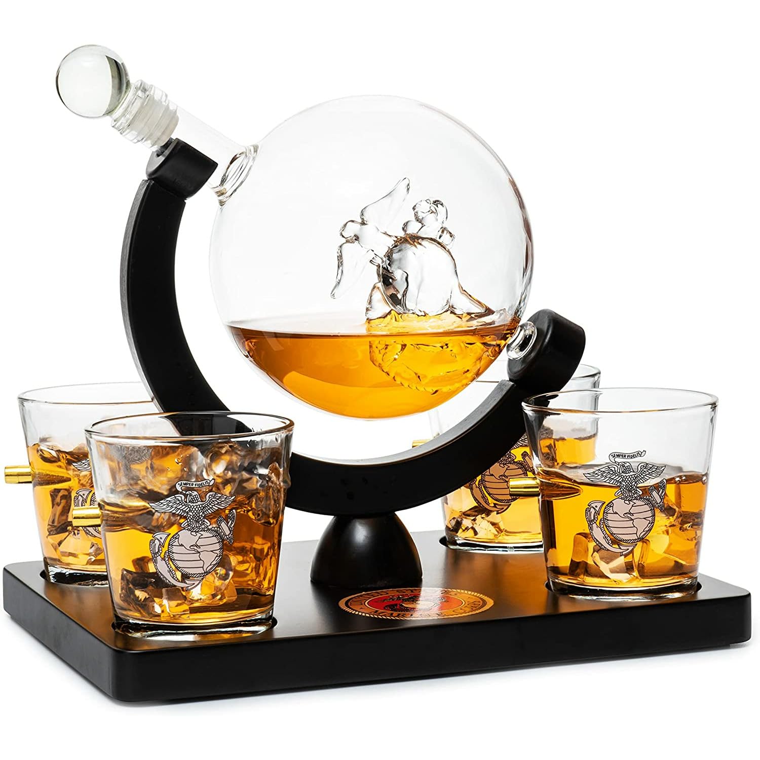 Premium U.S. Marine Globe Whiskey Decanter Set with 4 Crystal Glasses - Veteran Gift Box with Mahogany Wood Base & Military Emblem - Bourbon Scotch Decanter for Men, Military Dad Gifts, Patriotic Home Bar Decor (29oz) - Perfect for Veterans Day, Retirement Parties & Man Cave Whiskey Collections