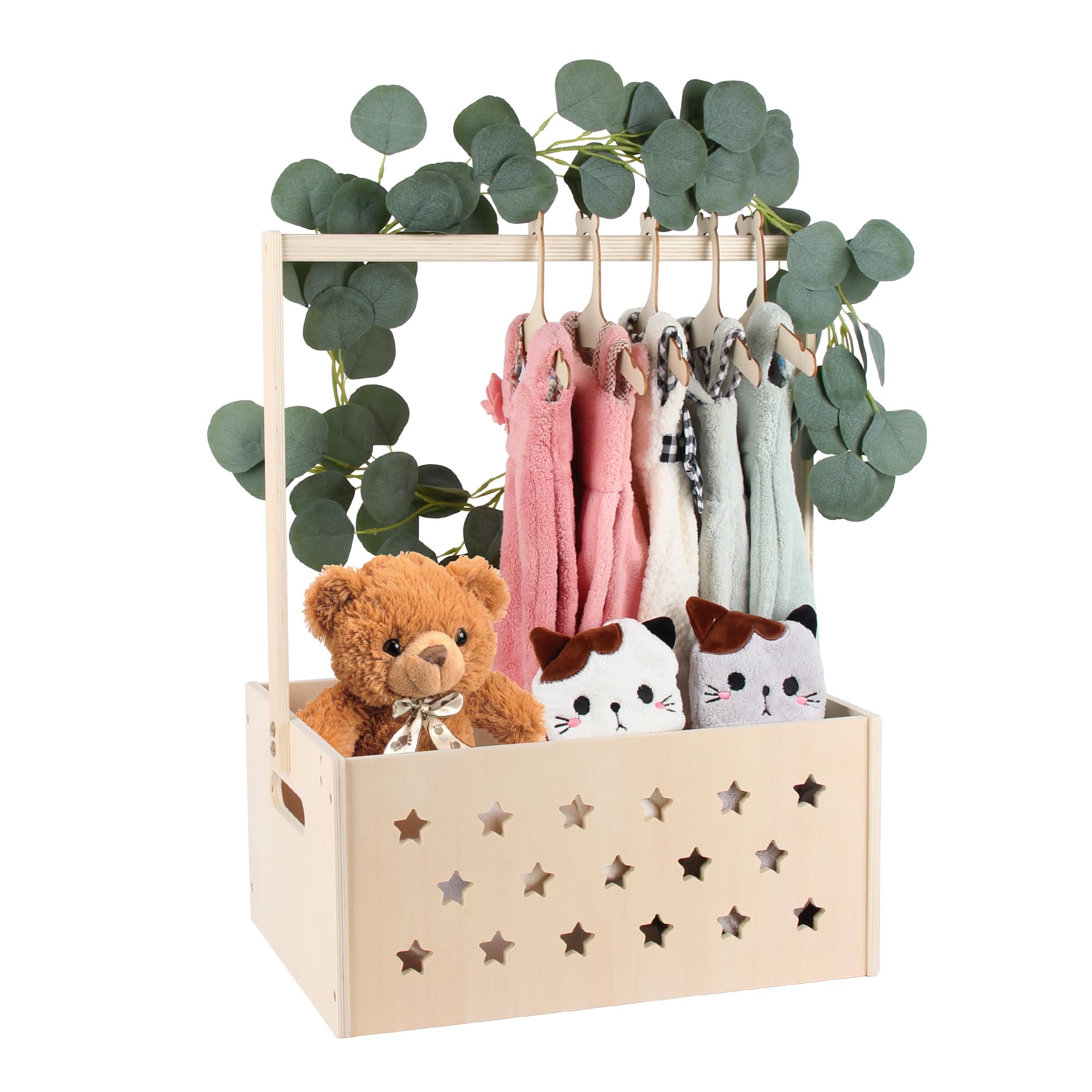 Wooden Baby Shower Gift Crate - Handmade Storage Basket with Handle & Garland Hangers - Perfect for Newborn Boy or Girl - Pregnancy Gift for New Parents - Large Nursery Organizer for Baby Clothes, Toys & Essentials