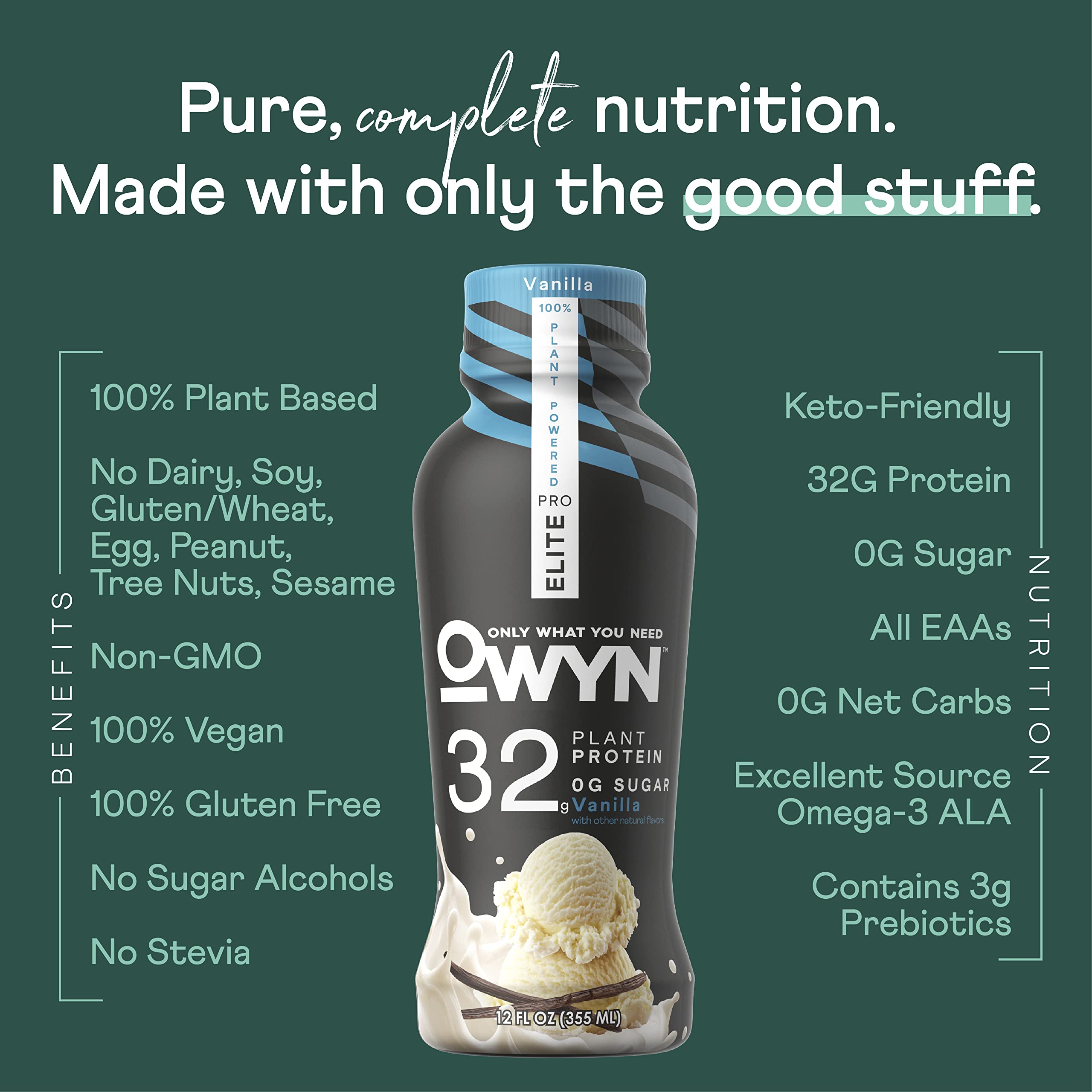 OWYN Pro Elite Vegan High Protein Keto Shake - 32g Plant Protein, 9 Essential Amino Acids, Omega-3 & Prebiotics - Zero Sugar, 0g Net Carbs (Vanilla, 12oz Pack of 24) - Perfect for Post-Workout Recovery, Keto Diet & Active Lifestyle