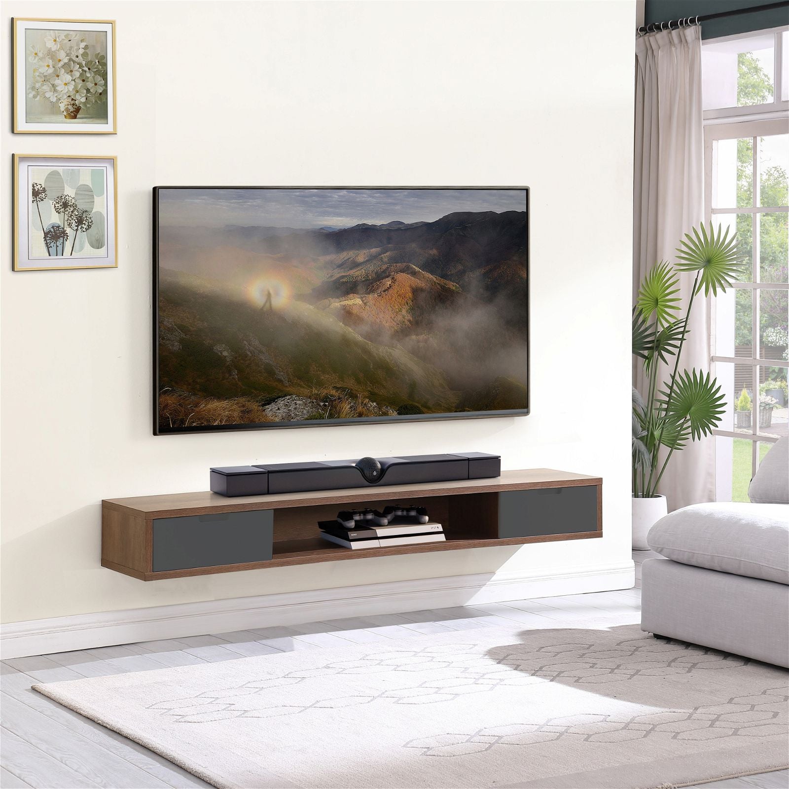 Wall Mounted TV Stand 1800mm Dark Oak with Grey Drawers - Modern Entertainment Center for Living Room, Bedroom & Home Theater by Criterion