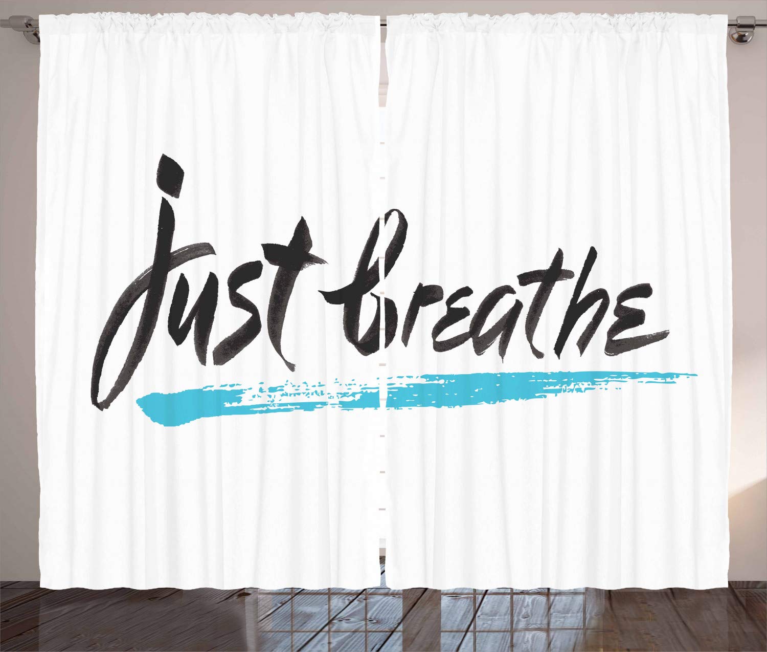 Ambesonne Just Breathe Inspirational Curtains - 2 Panel Set for Living Room & Bedroom (108x108 Inches) | Stress Relief & Anxiety Decor in Pale Blue, Black & White | Perfect for Meditation Spaces & Relaxation Rooms