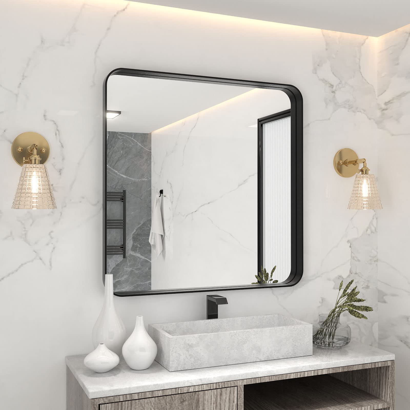 36x36 Inch Black Farmhouse Bathroom Mirror - Shatterproof Wall Mirror with Rounded Corners & Anti-Rust Frame - Perfect for Vanity, Bedroom, and Modern Farmhouse Decor