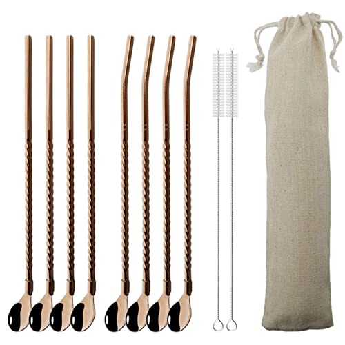 18/10 Stainless Steel Straws Set - 8Pcs Reusable Metal Drinking Straws with Case & Brush for Party Bar Home Use