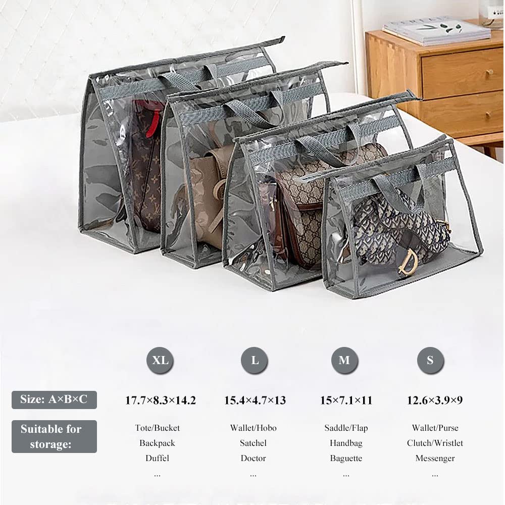 2PCS Clear Non-Woven Dust Bags for Handbags & Purses - Zippered Hanging Storage Organizer with Handle (Medium, Light Grey) - Perfect for Closet Organization & Luxury Bag Protection