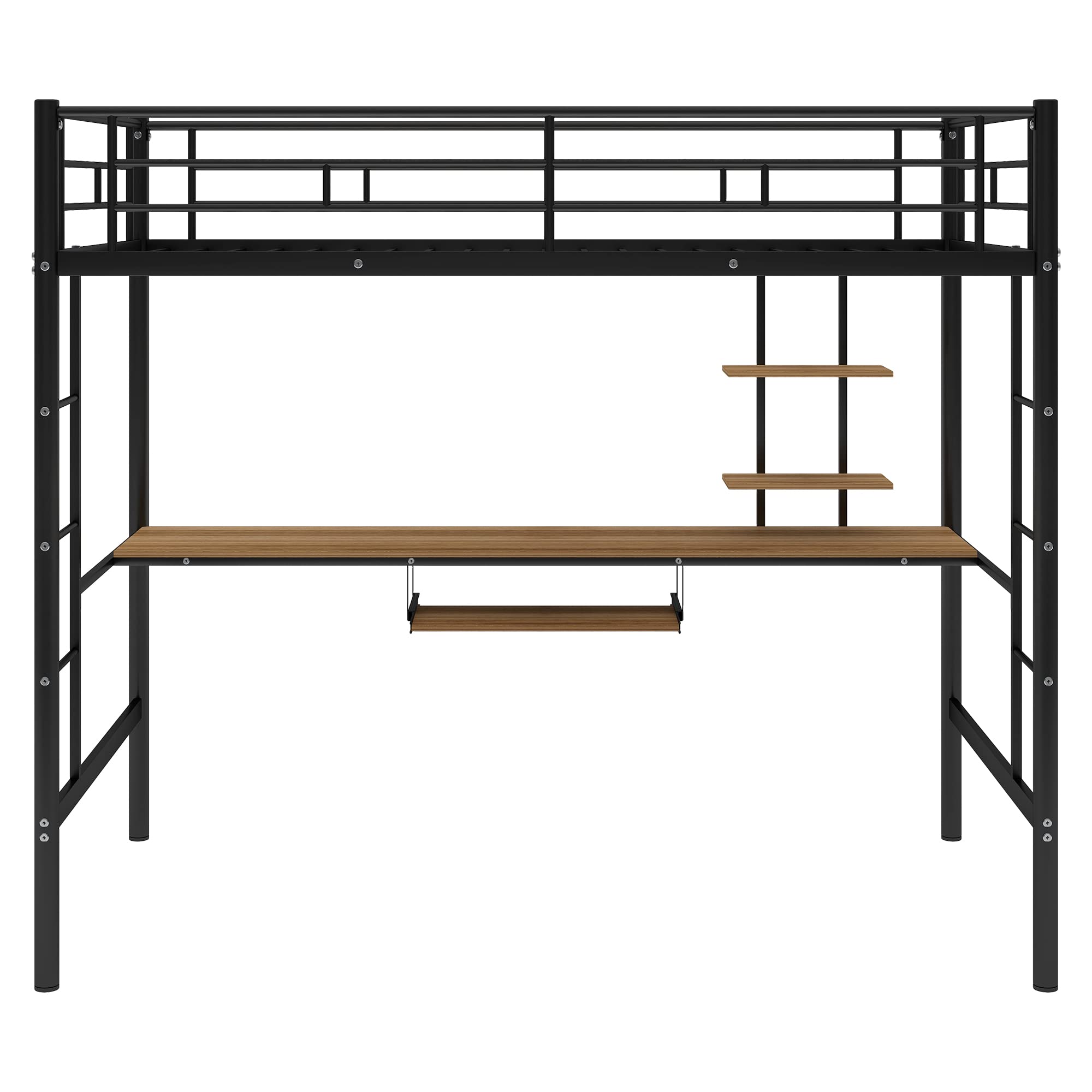 Heavy Duty Black Metal Loft Bed with Desk, Shelves & Keyboard Tray - Twin Size Space Saving Loft Bed for Teens, College Students & Adults - Perfect for Small Bedrooms, Dorms & Studio Apartments