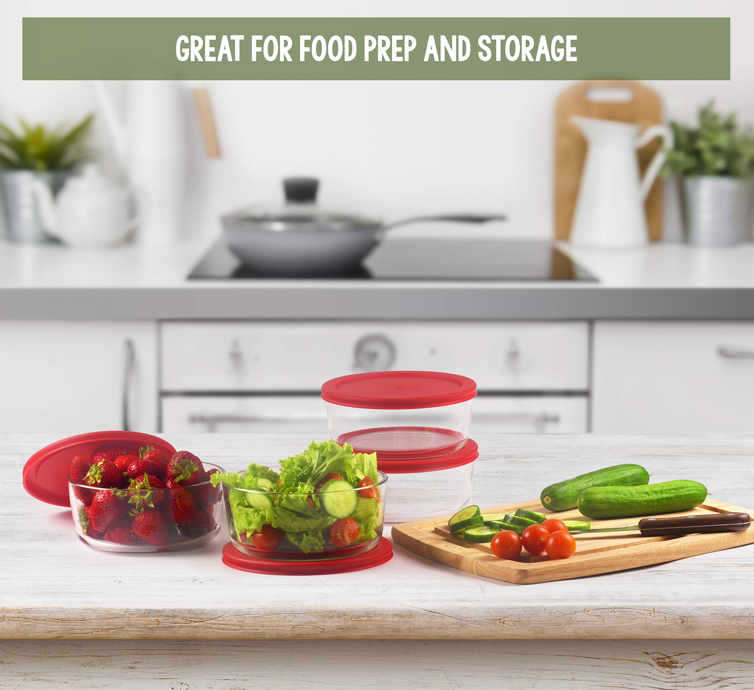 BOVADO USA 2 Cup Glass Food Storage Containers (6 Pack) - Airtight, Leakproof, Dishwasher, Freezer & Oven Safe - BPA-Free Glass Meal Prep Containers with Red Lids - Perfect for Leftovers, Meal Prep, and Pantry Organization