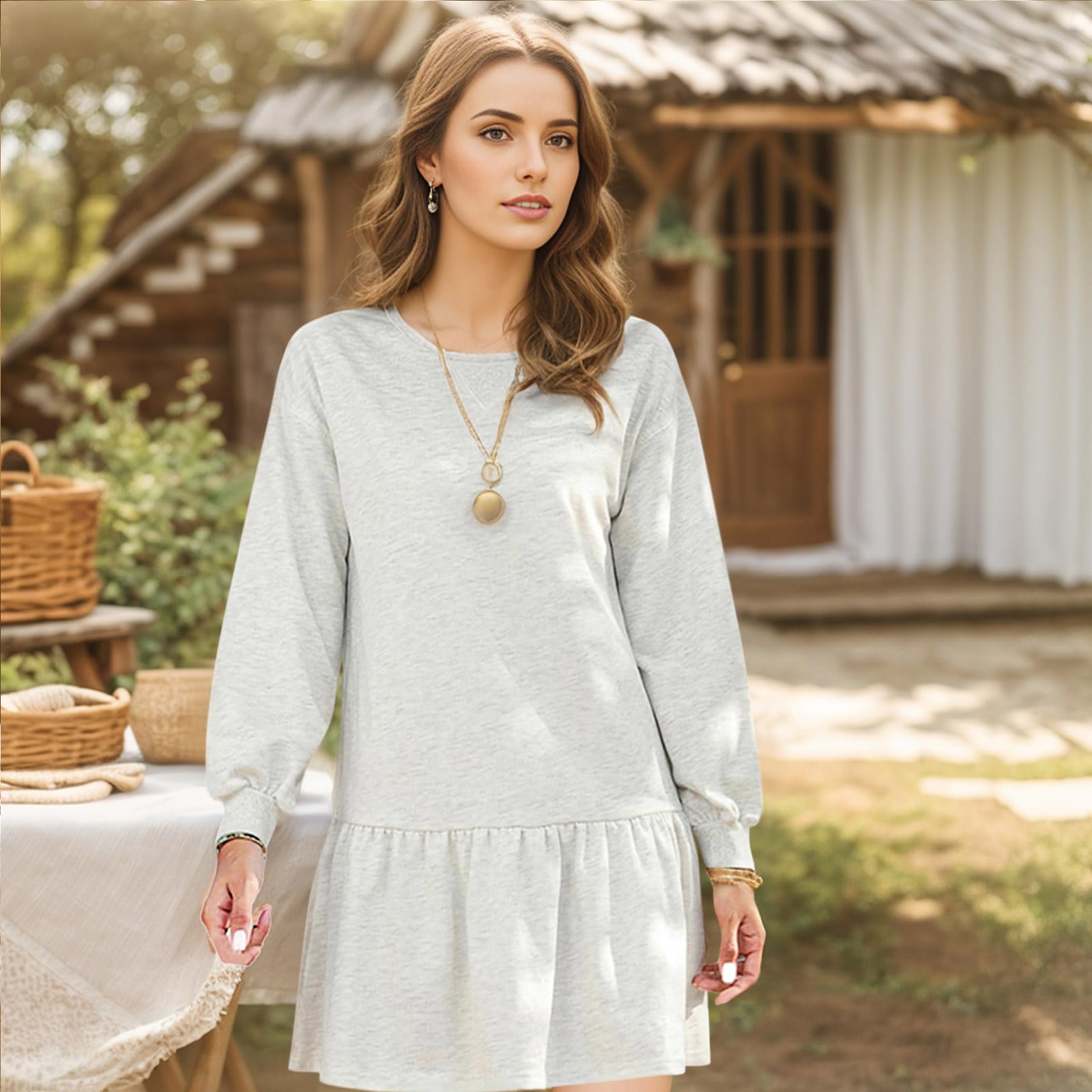 Women's Long Sleeve Crewneck Sweatshirt Dress - Fall Babydoll Pullover with Flowy Ruffled Hem | Casual Mini Dress for Date Night, Weekend Outfits & Layering