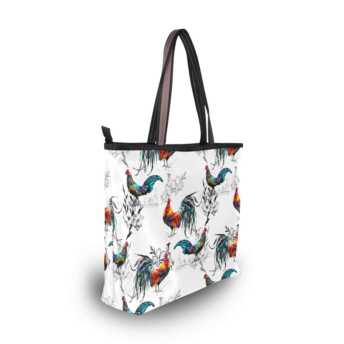 Stylish Women's Tote Bag with Top Handle & Shoulder Strap - Large Rooster Floral Print Zip Closure Handbag for Work, Travel & Shopping