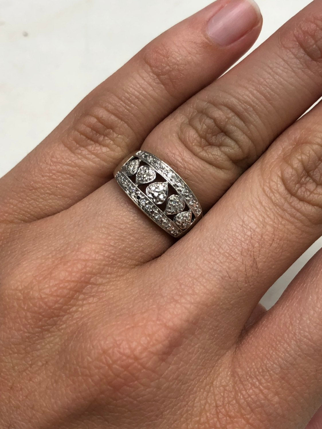 14K White Gold Diamond Heart Wide Wedding Band for Women - Elegant Bridal Ring for Engagement, Anniversary & Special Occasions