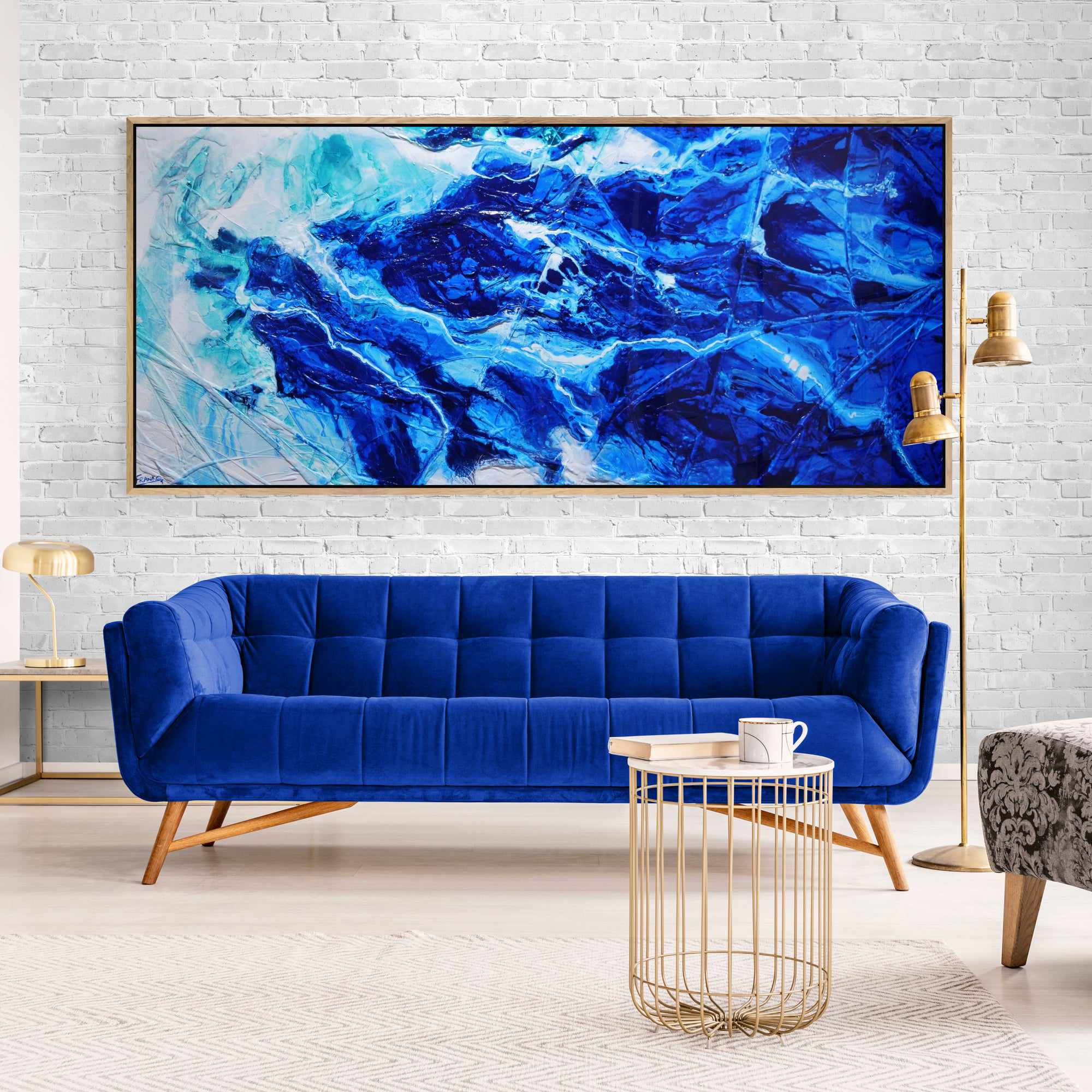 Fractured Sapphire Blue and White Textured Abstract Painting - 270cm x 120cm Large Wall Art for Living Room, Bedroom, or Office Decor