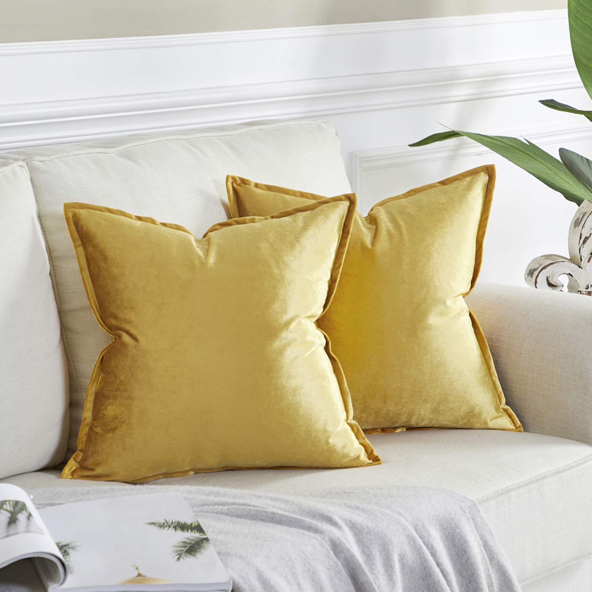 GIGIZAZA Yellow Velvet Decorative Throw Pillow Covers 16x16 Inch Square Couch Sofa Pillow Covers Set of 2 - Perfect for Living Room, Bedroom & Home Decor