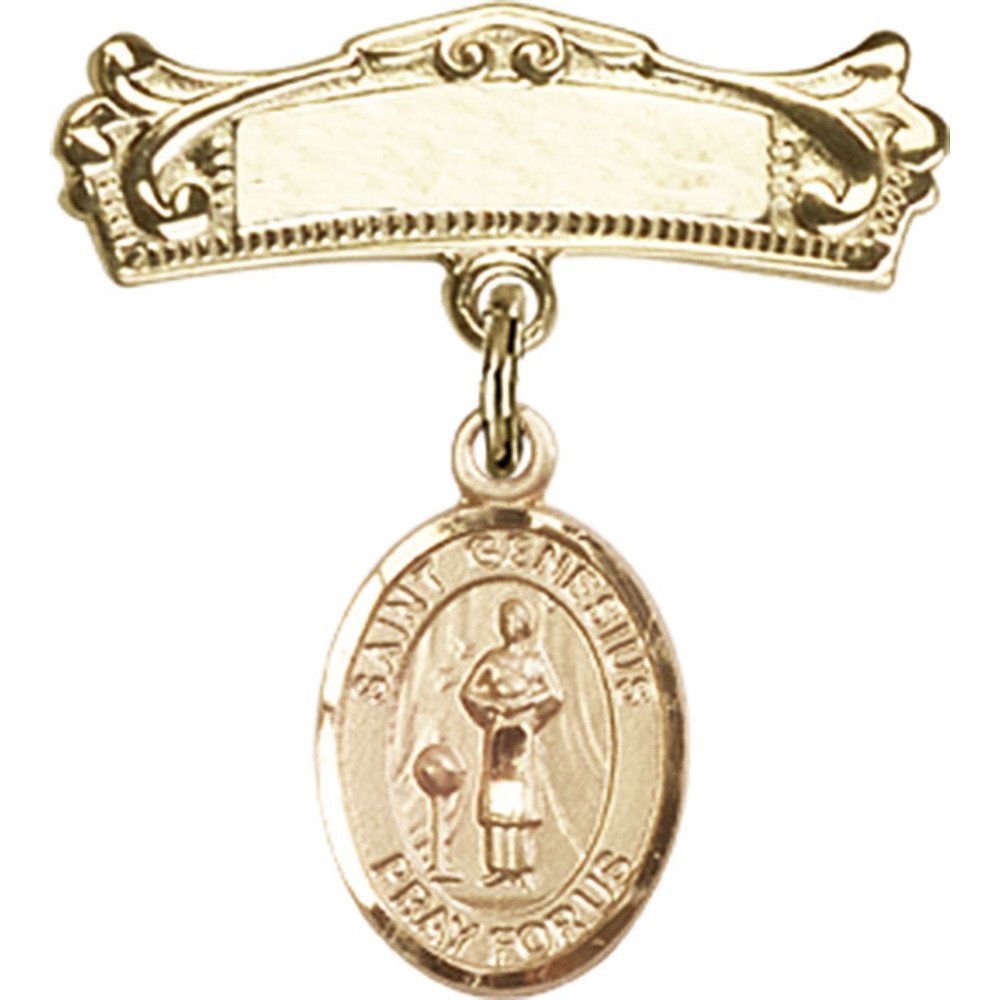 7/8 X 3/4 Inch Gold Filled Baby Badge with St. Genesius of Rome Charm - Arched Polished Pin for Christening, Baptism & First Communion Gifts