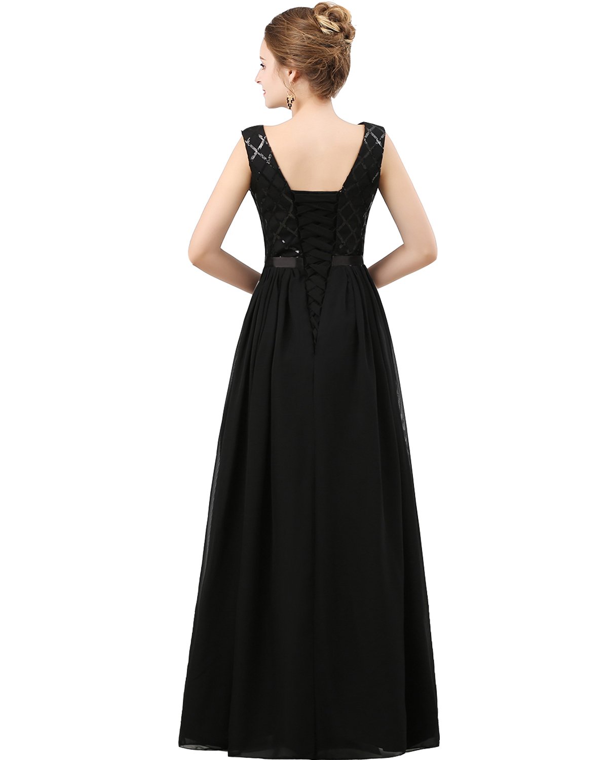 Lemai V-Neck Long Sequined Chiffon A-Line Corset Prom Evening Dress for Women - Elegant Formal Gown for Homecoming, Wedding Guest, Cocktail Party & Special Occasions