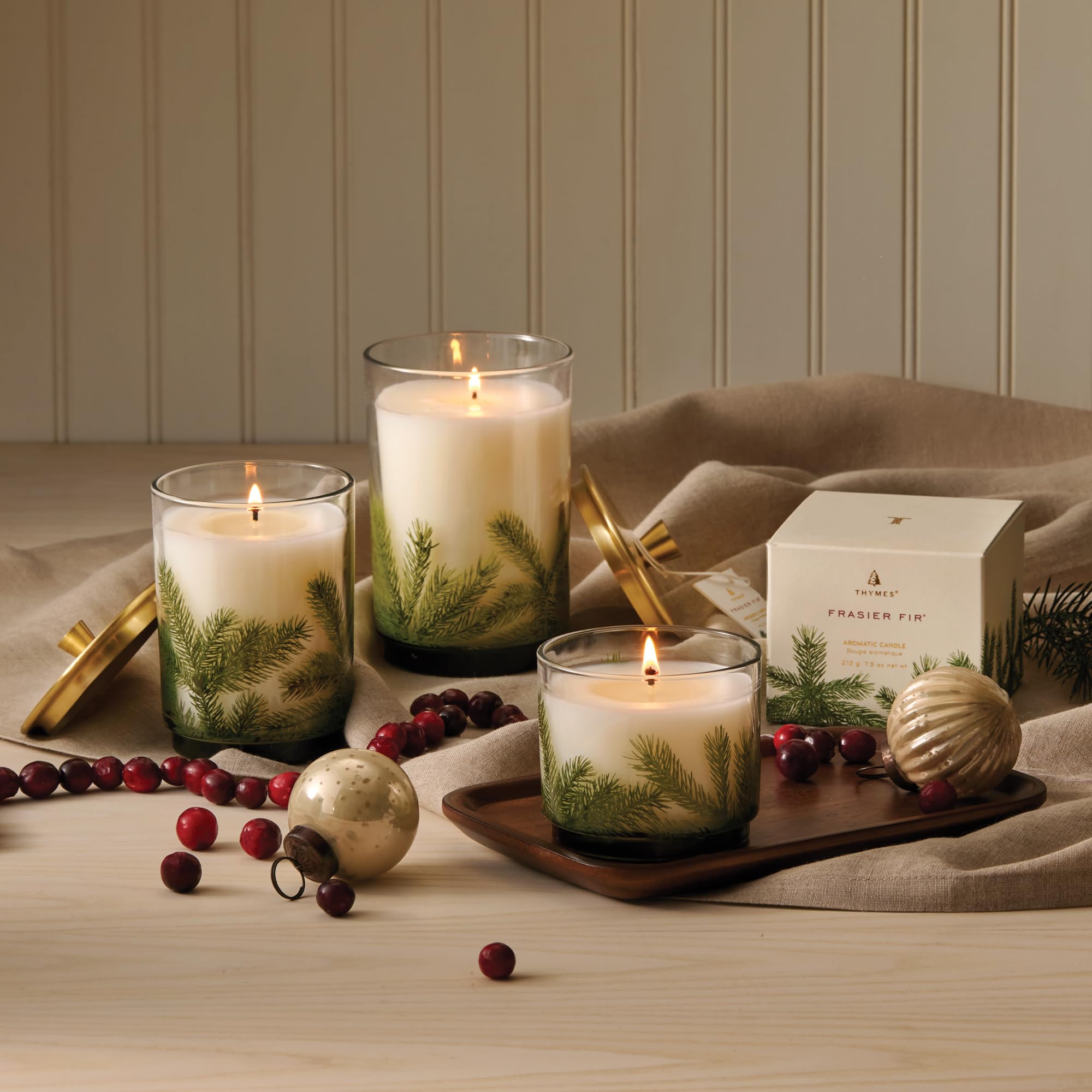 Thymes Frasier Fir Scented Candle - 7.5 oz Holiday Pine Needle Candle with Siberian Fir, Cedarwood & Sandalwood Fragrance - Elegant Christmas Decor for Home, Office & Gift Giving