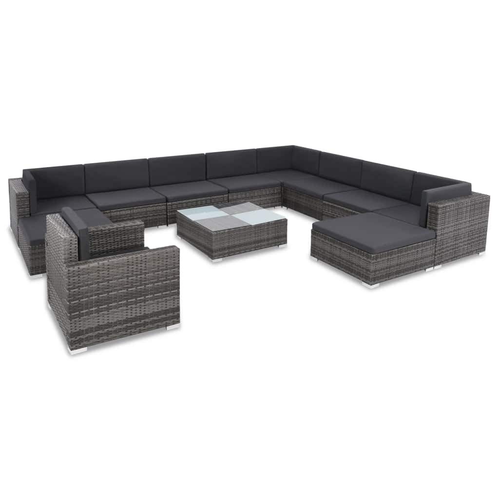 12-Piece Outdoor Patio Furniture Set - Modular Wicker Sofa & Dining Table with Cushions, Gray Poly Rattan - Fast Shipping | Perfect for Garden, Poolside & Backyard Relaxation