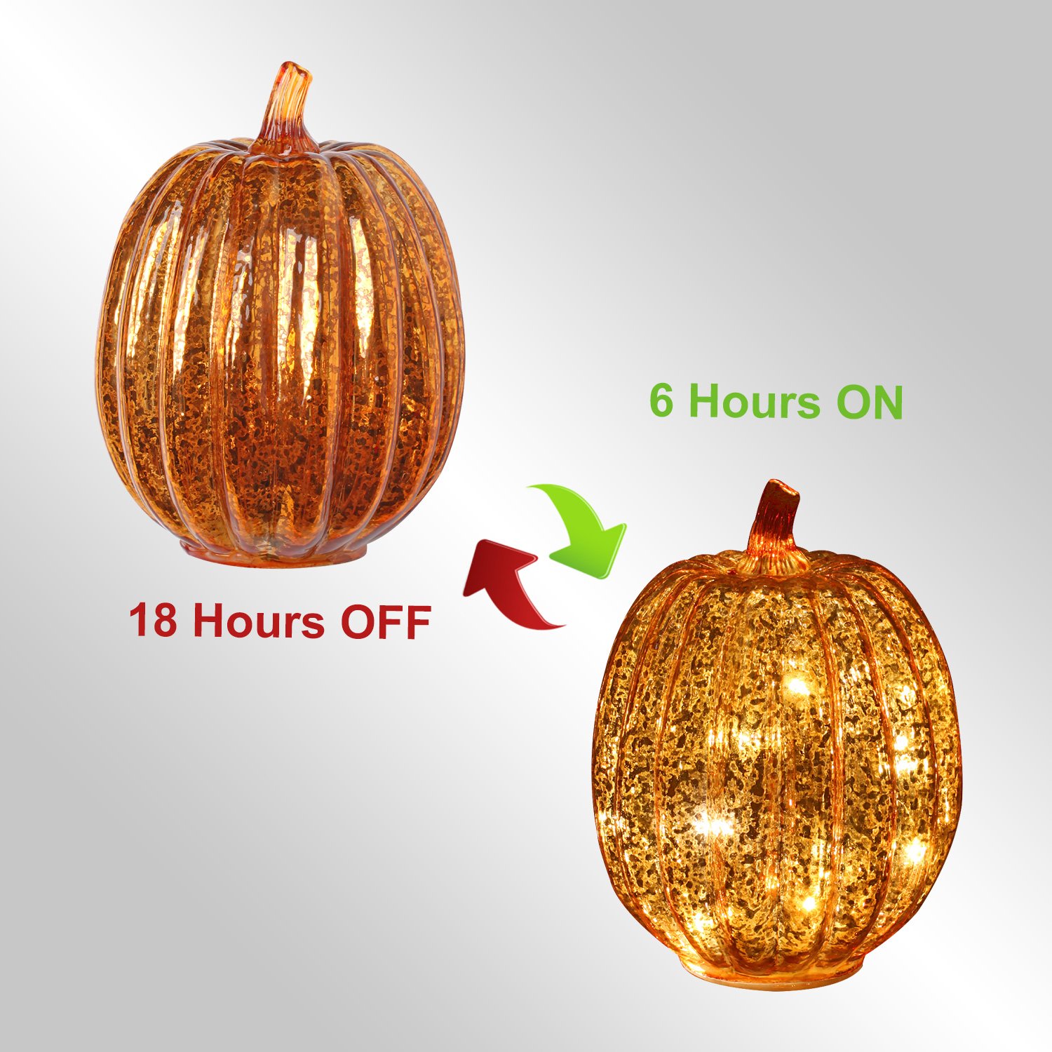 Romingo Set of 3 Halloween Mercury Glass Pumpkin Lights with Timer - Gold Fall & Thanksgiving Decor for Home, Porch, and Party Decoration