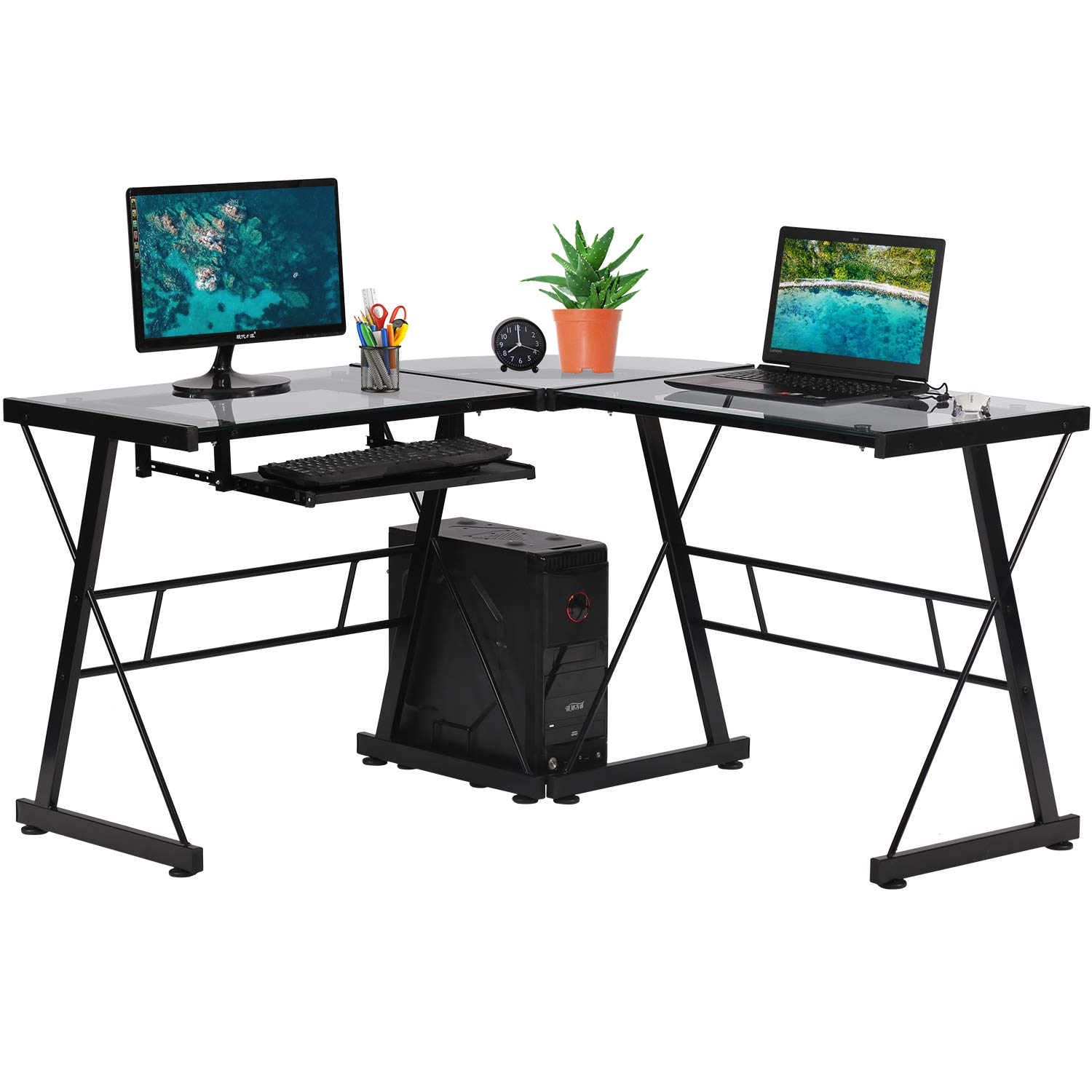L-Shaped Glass Computer Desk for Gaming & Home Office - Modern Corner Writing Desk with Keyboard Tray & CPU Stand - Perfect for Small Spaces, Students, Kids & Executive Work (Clear)