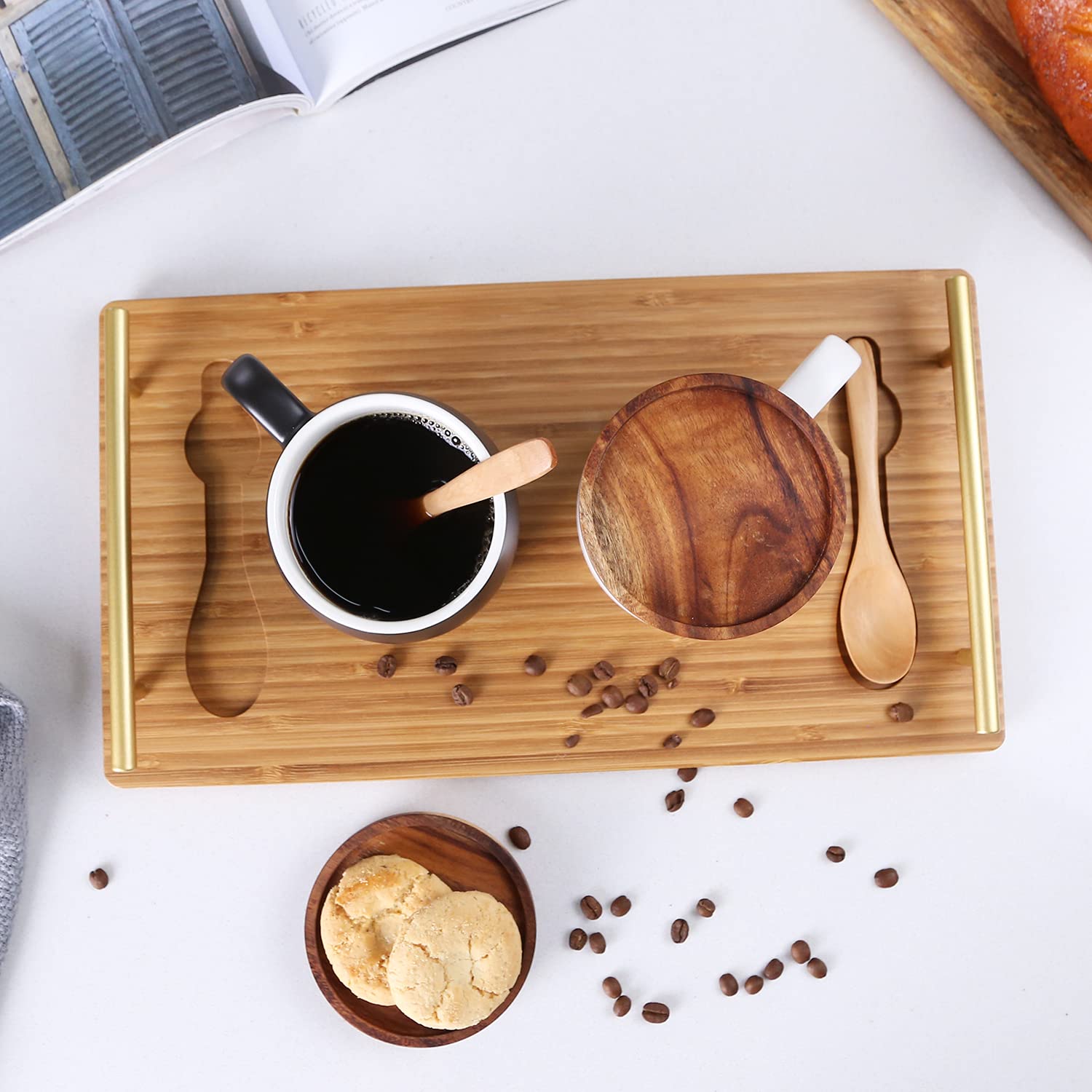 KKC HOME ACCENTS 13oz Ceramic Coffee Mug Set of 2 with Bamboo Tray & Spoons - Black & White Coffee Cups for Home, Office, Gift - Perfect for Coffee, Tea, Hot Chocolate & Breakfast Beverages