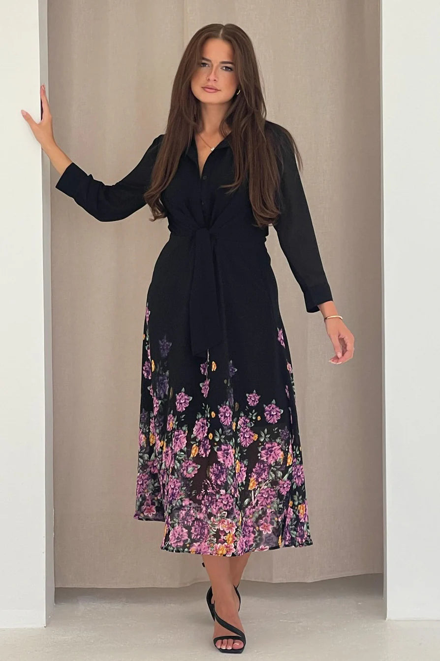 Isabella Purple Floral Print Tie Front Shirt Dress for Women - Elegant Summer Casual Outfit for Brunch, Date Night & Office Wear