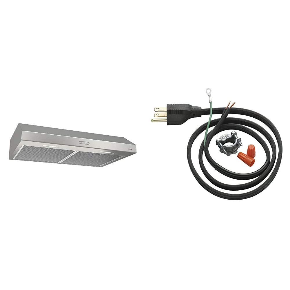 Broan-NuTone BCDF130SS 30-Inch Stainless Steel Convertible Range Hood with Light & Exhaust Fan - 300 CFM, 1.2 Sones for Under Cabinet Kitchen Ventilation | InSinkErator Garbage Disposal Power Cord Kit (CRD-00) | Perfect for Modern Kitchens & Home Renovations