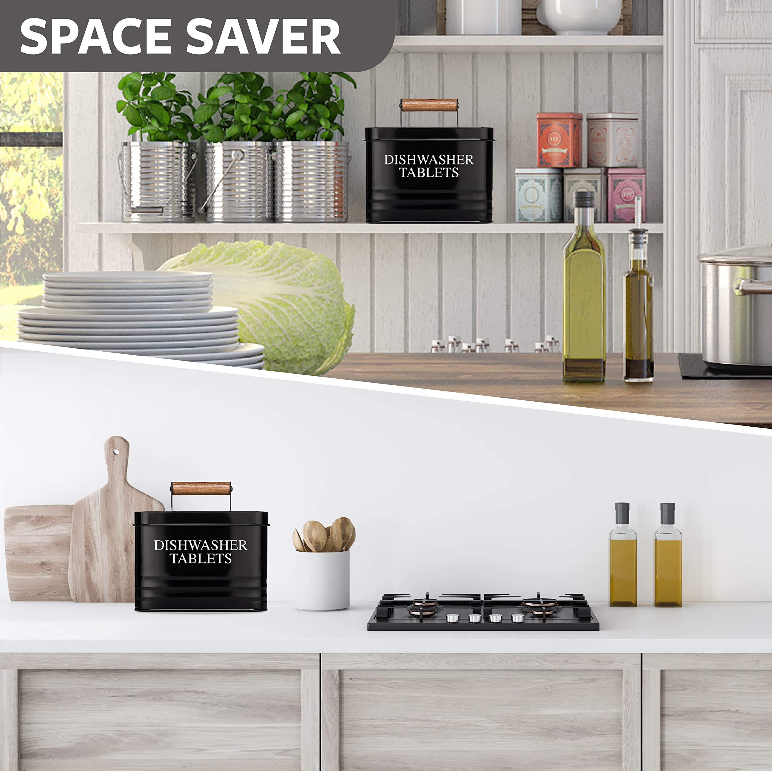 Modern Farmhouse Metal Dish Rack with Lid - Black Dishwasher Pods Storage Container for Kitchen Organization | Kitchen Decor Essentials | Perfect for Countertop, Pantry & Under Sink Storage