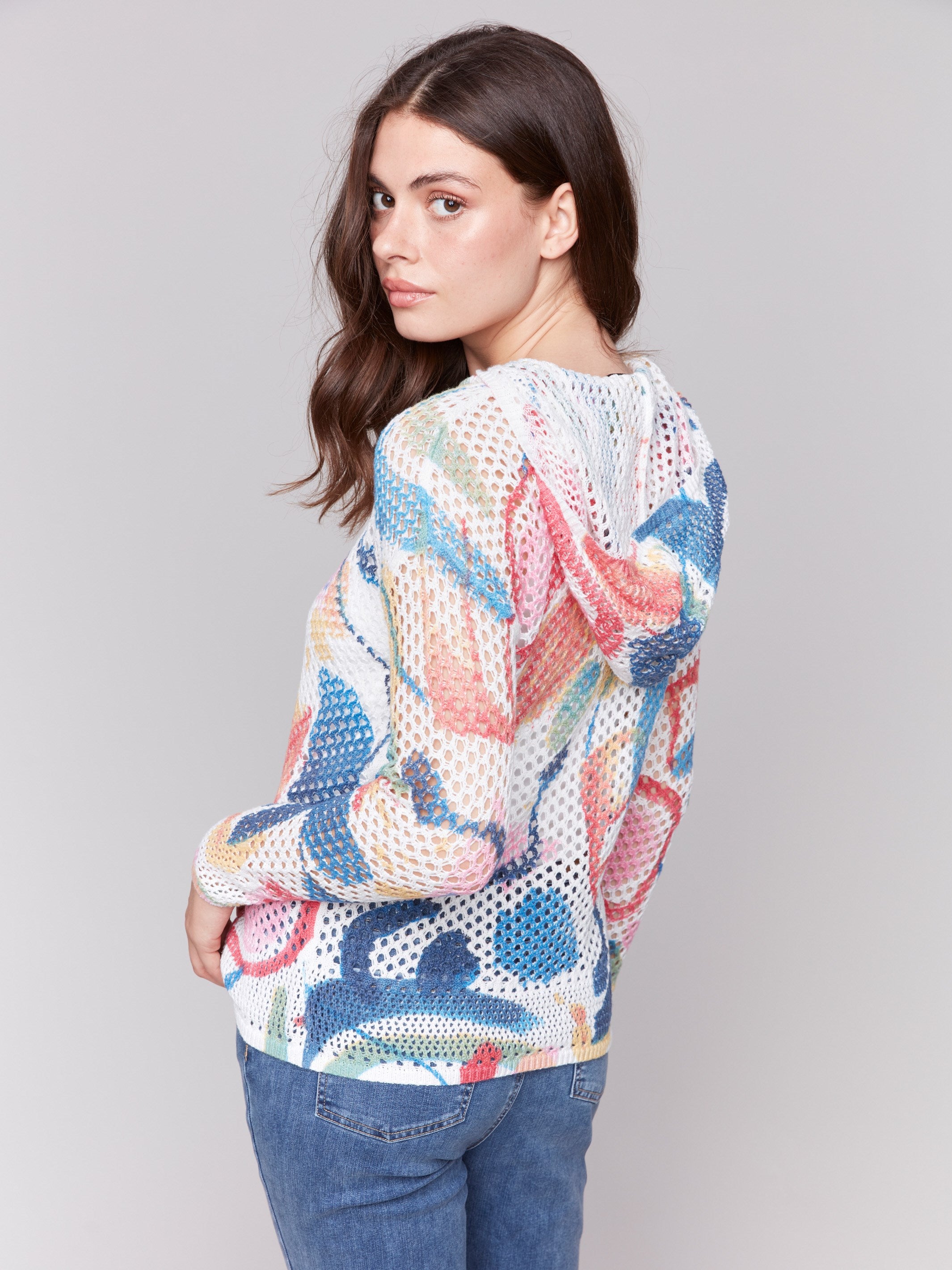 Printed Fishnet Crochet Hoodie Sweater for Women - Trendy Abstract Pattern Pullover - Perfect for Streetwear, Music Festivals & Casual Outfits