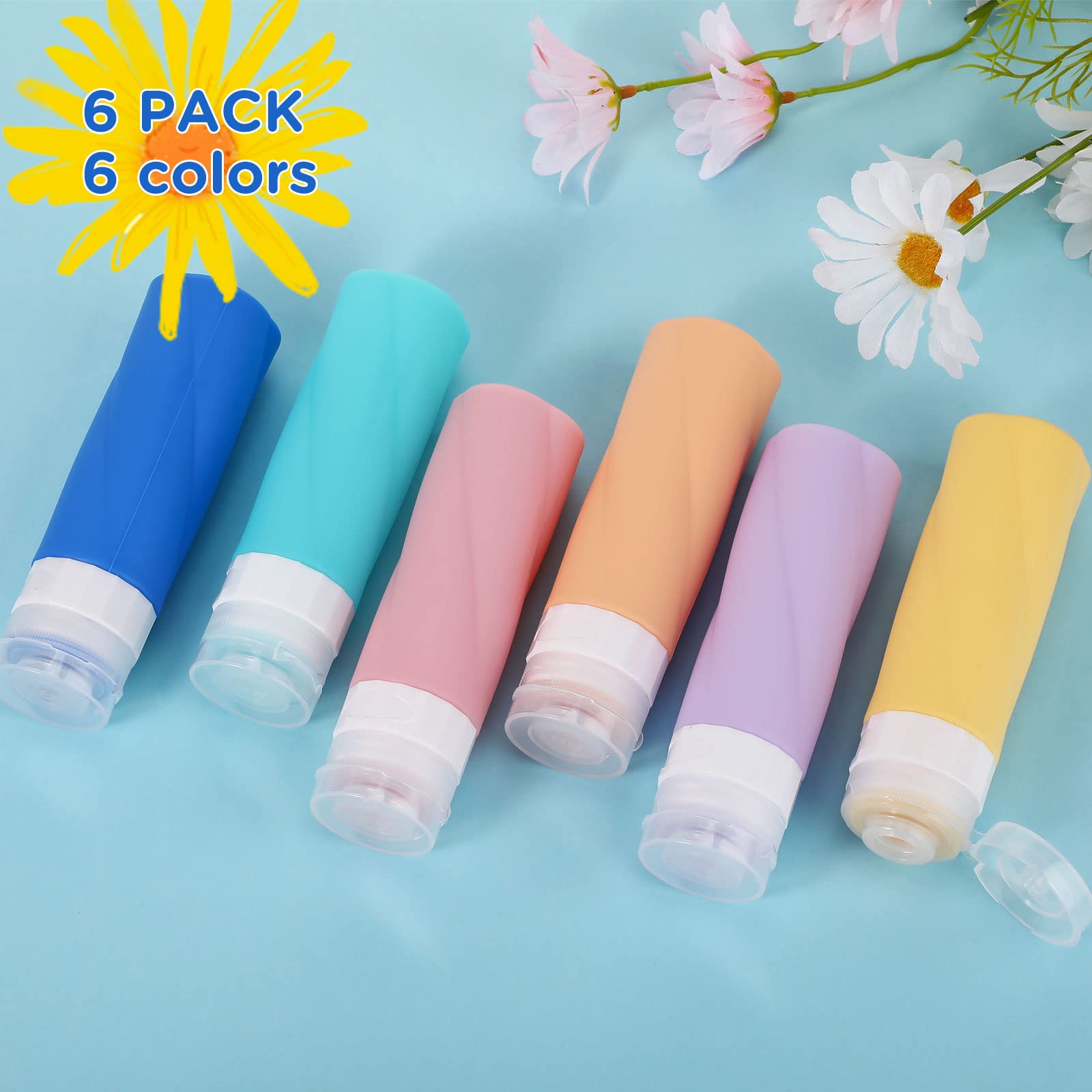 Nuogo 6-Pack Leak Proof Travel Bottles - 3oz Refillable Silicone Toiletry Containers for Shampoo, Conditioner & Lotion | TSA Approved Squeezable Cosmetic Tubes | Perfect for Air Travel, Gym & Vacation Essentials