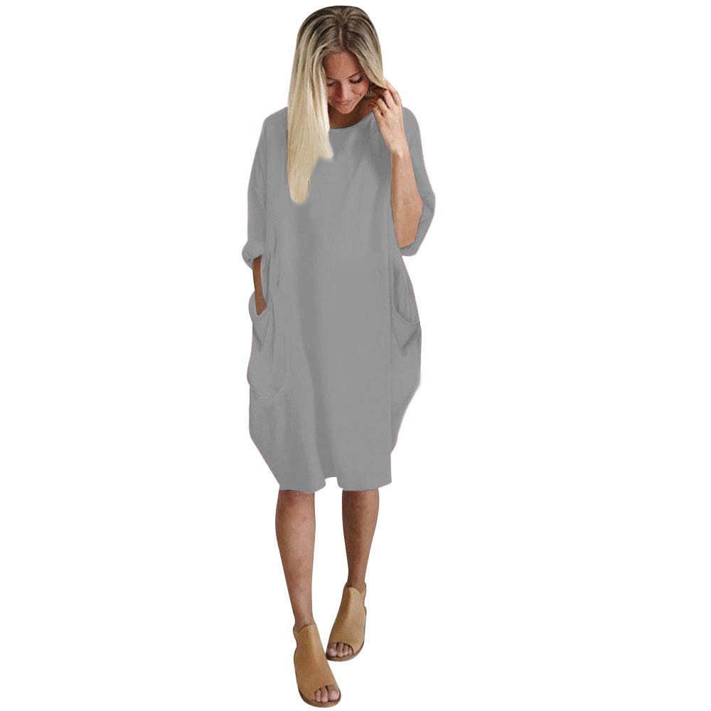Women's Summer Long Sleeve Loose Casual Dress with Pockets - Crew Neck Flowy Maxi Dress for Beach, Vacation & Everyday Wear - Plus Size Available