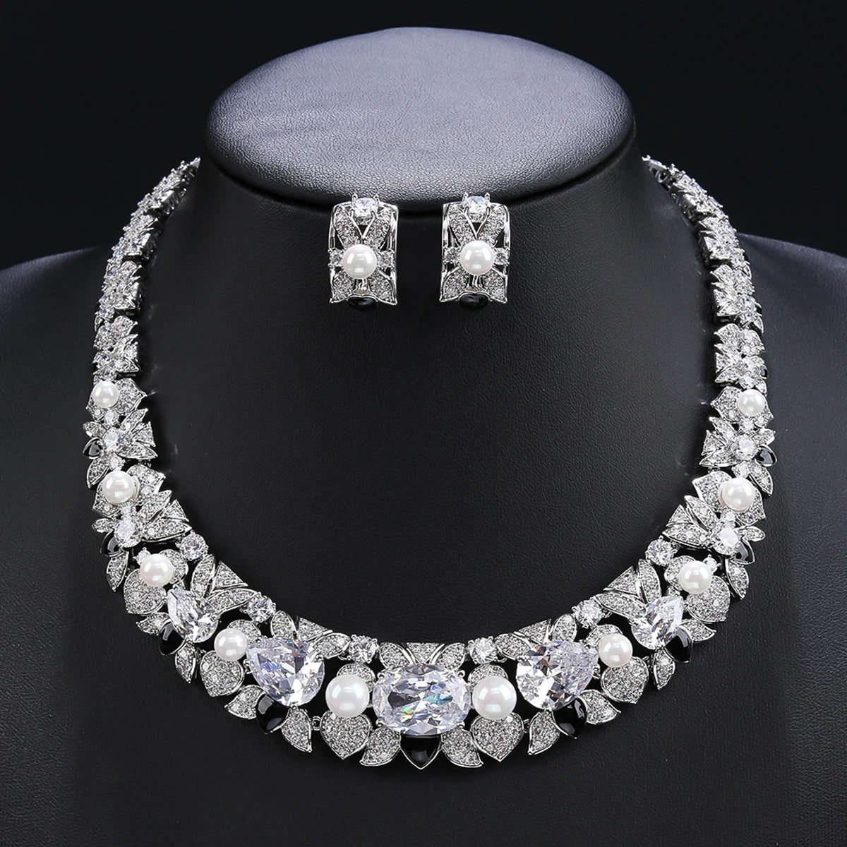 Luxury Cubic Zirconia Pearl Necklace & Earrings Set for Women - Elegant Bridal Wedding Jewelry - Perfect for Weddings, Parties, and Special Occasions