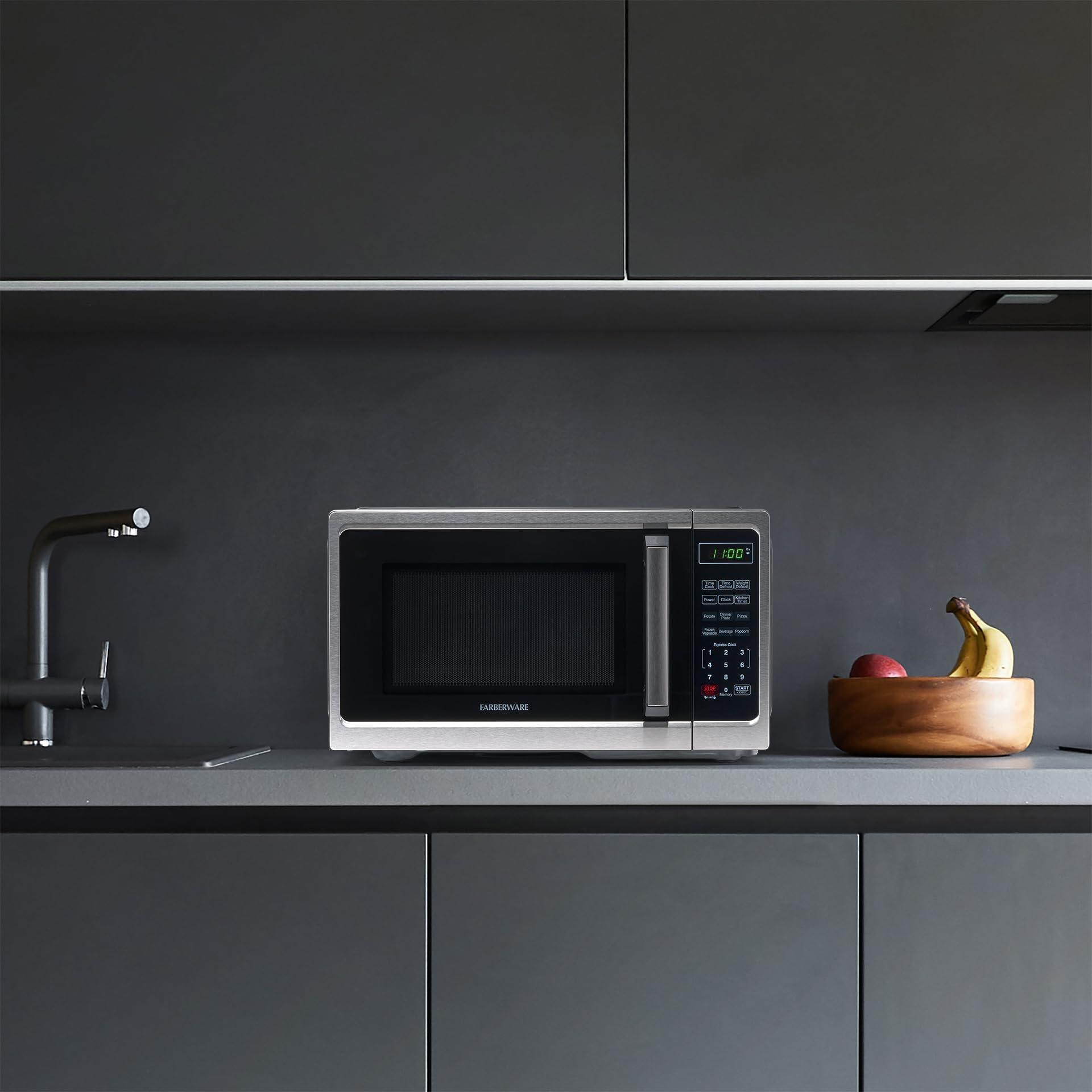 Farberware 0.9 Cu. Ft. 900W Countertop Microwave Oven with LED Lighting & Child Safety Lock - Stainless Steel Interior for Easy Cleaning - Compact Microwave Perfect for Small Kitchens, Apartments, Dorms & Office Break Rooms