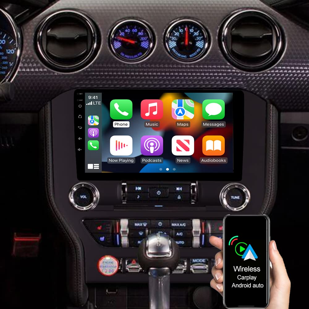 ASURE 9-inch Android Car Stereo Radio for Ford Mustang 2015-2020 | 4-Core 2+32GB | Wireless CarPlay & Android Auto | HD 1280x800 Touchscreen | In-Dash GPS Navigation | Automatic A/C Control | Perfect for Road Trips & Daily Commuting
