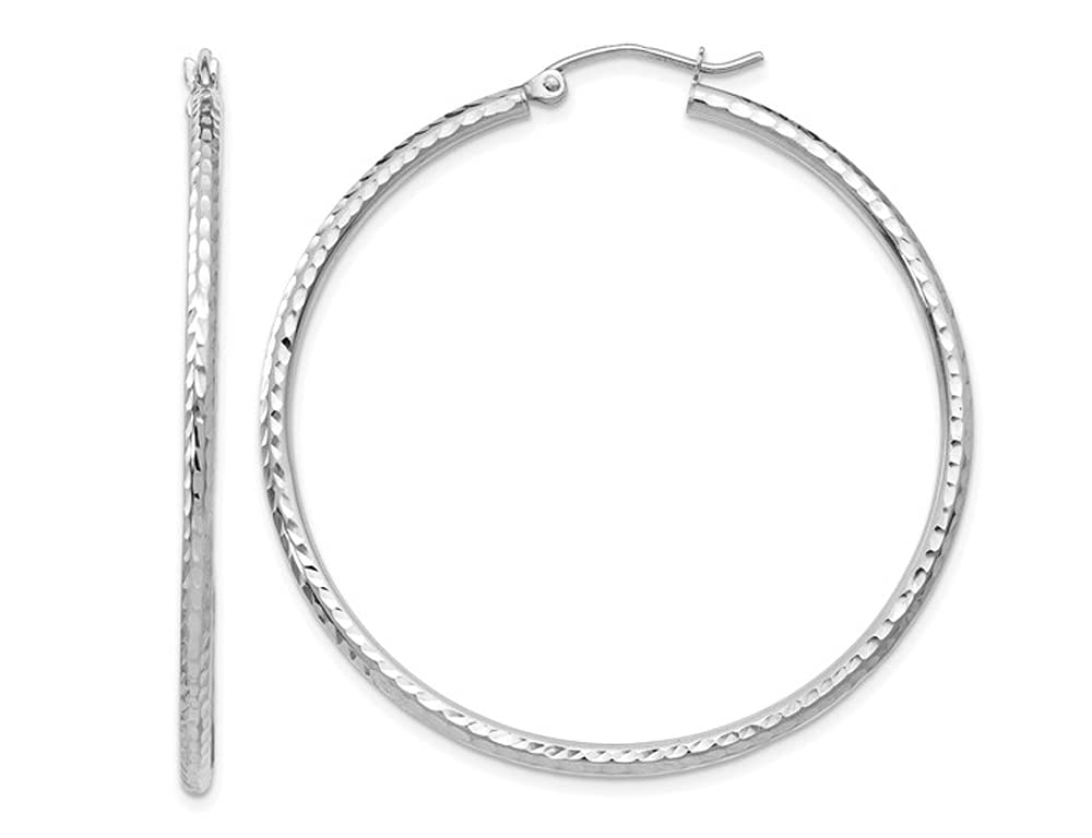14K White Gold Medium Diamond Cut Hoop Earrings - 1 3/4 Inch (2.00 mm) Dainty Everyday Jewelry for Women, Perfect for Work, Date Night & Special Occasions